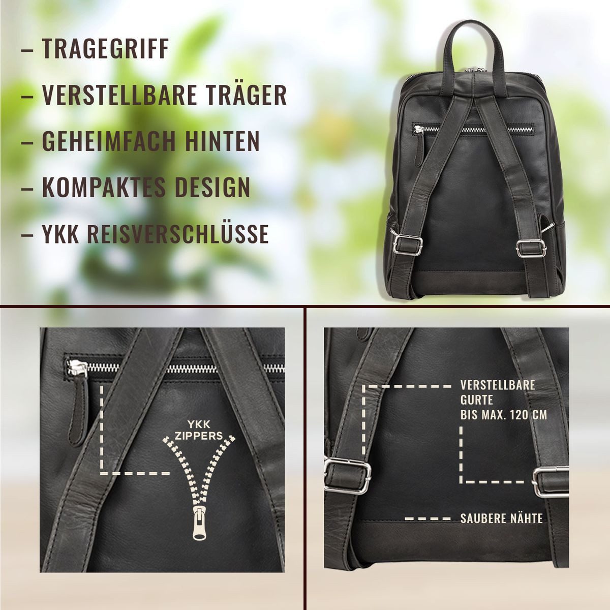 Corno d´Oro Cityrucksack Handmade Rucksack Damen Echt Leder Vintage Schwarz, Elegant, für 14 Zoll Laptop geeignet