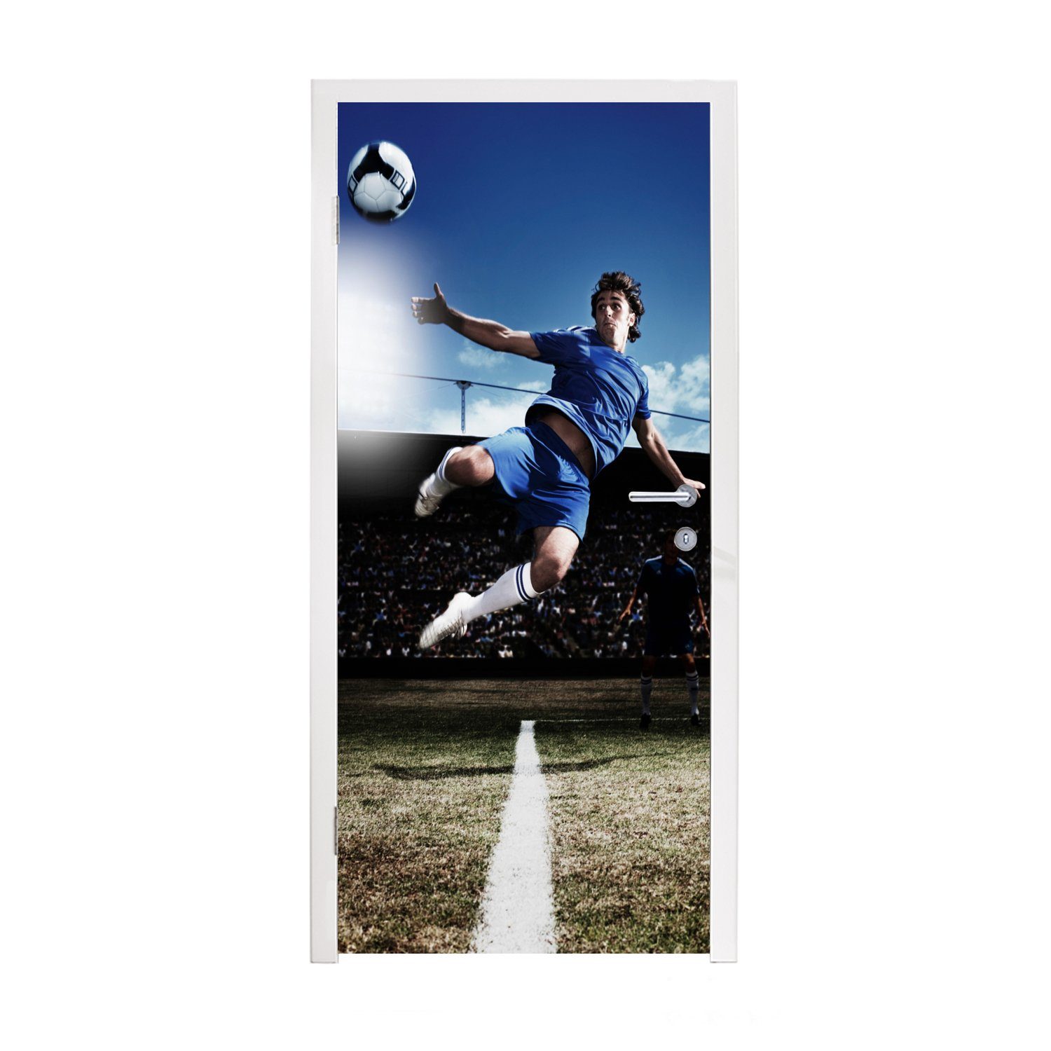 MuchoWow Türtapete Fußballspieler macht einen Volley, Matt, bedruckt, (1 St), Fototapete für Tür, Türaufkleber, 75x205 cm | Türtapeten