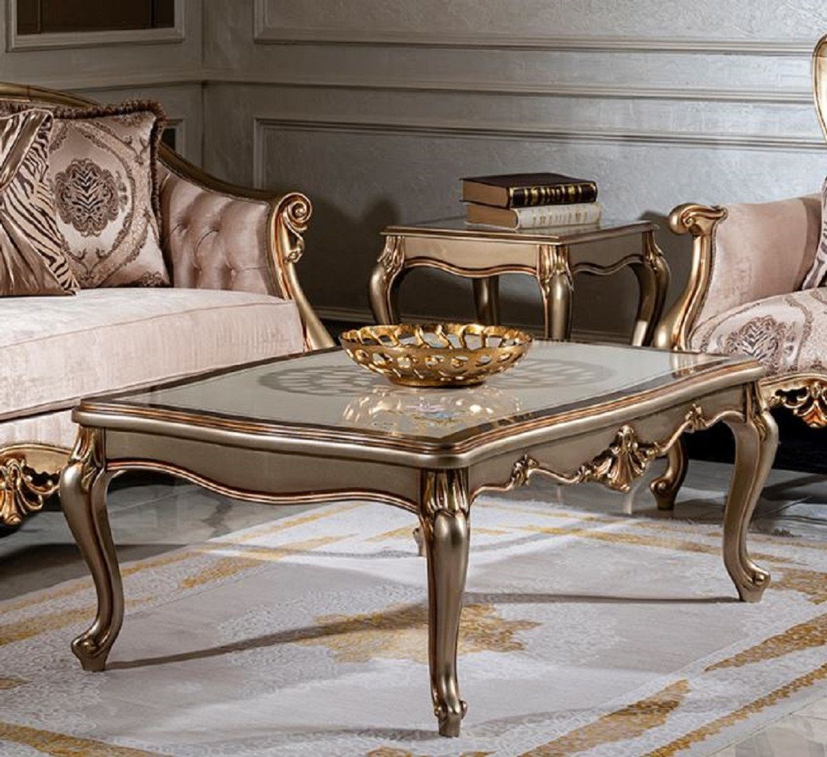 - / Gold Couchtisch Casa Padrino Luxus Möbel Handgefertigter Wohnzimmertisch Barockstil Massivholz Silber Barock - Couchtisch im Weiß /