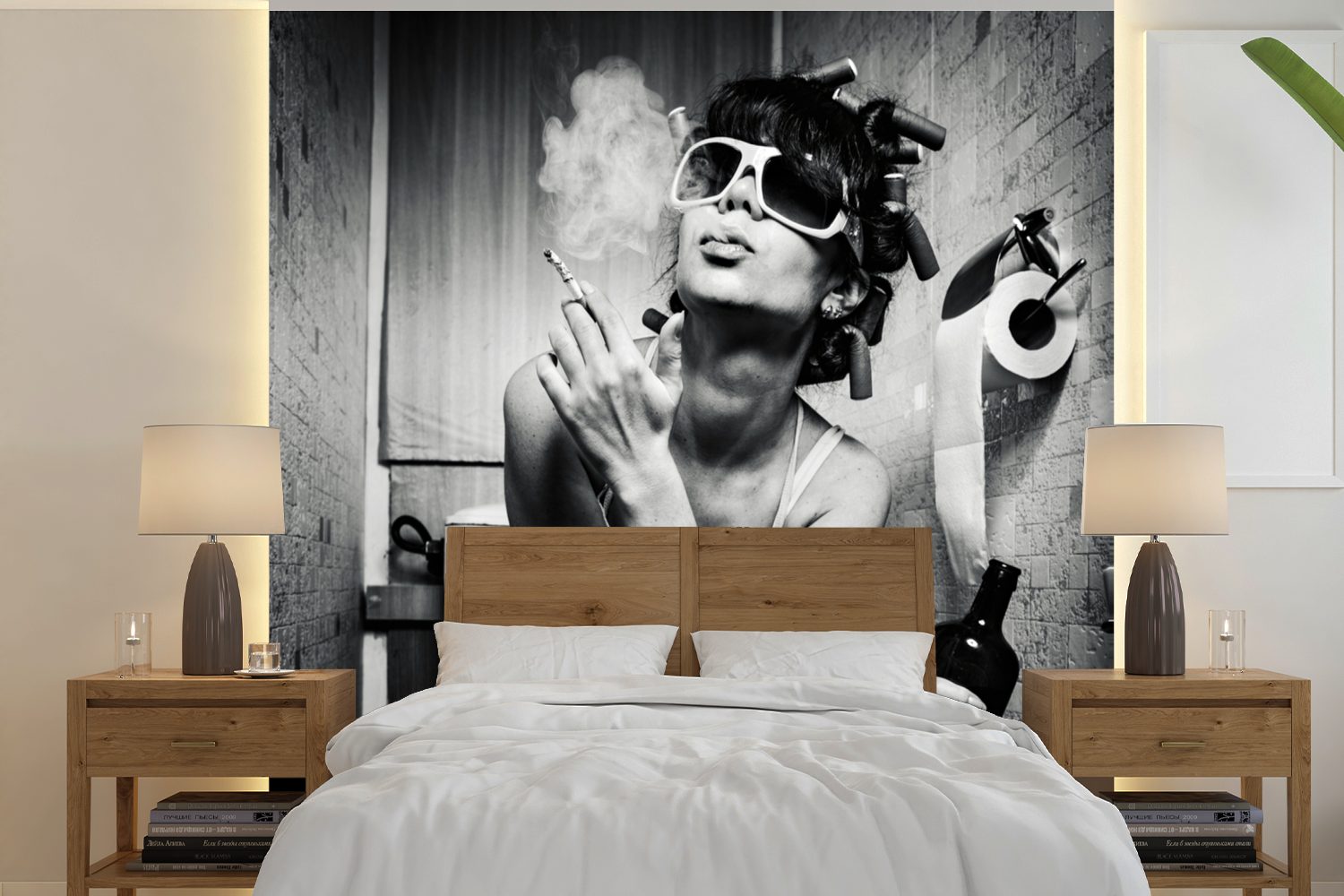 MuchoWow Fototapete Frau - Getränk - Schwarz - Weiß, Matt, bedruckt, (5 St), Vinyl Tapete für Wohnzimmer oder Schlafzimmer, Wandtapete