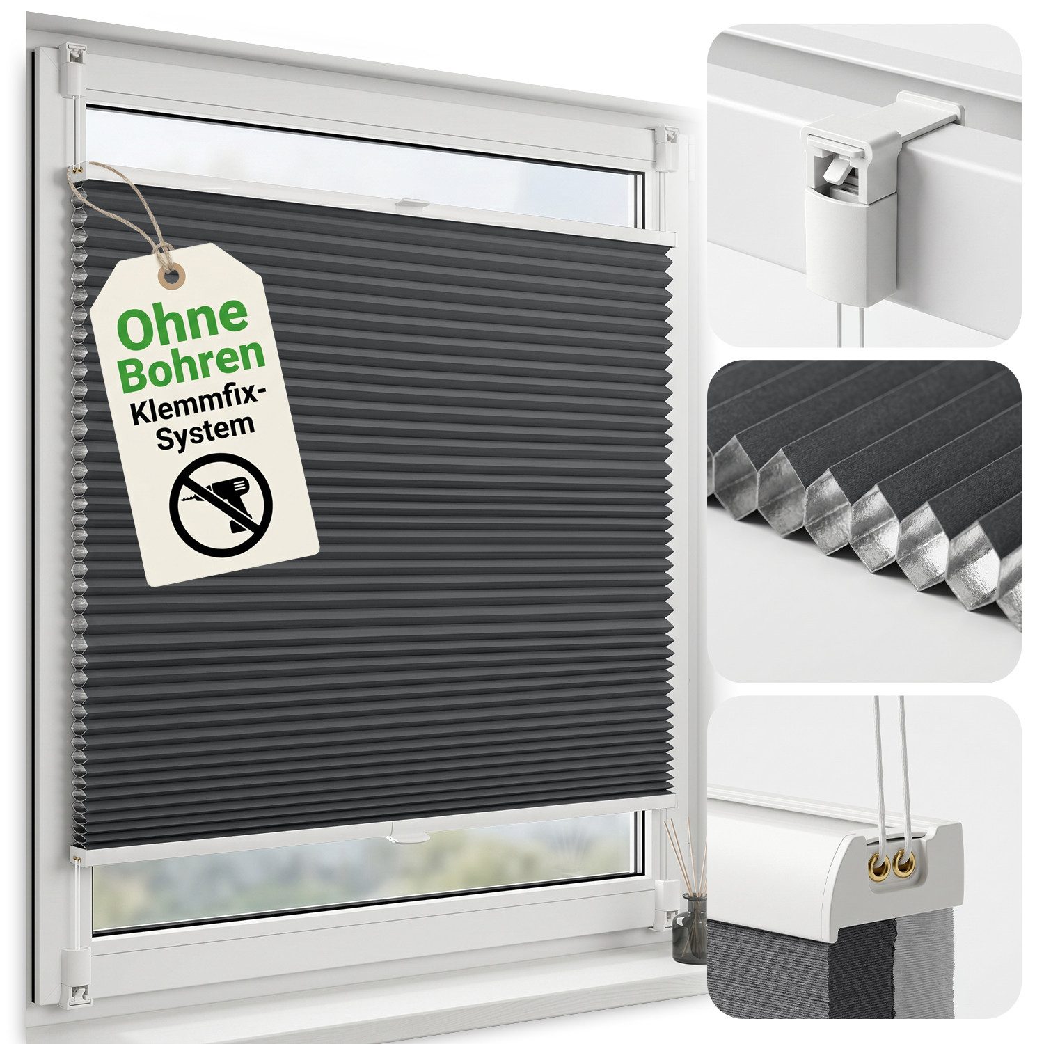 Salcar Wabenplissee Klemmfix ohne Bohren Thermo Plissee verspannt verdunkelnd blickdicht, Grau 35x100cm,Fenster Tür Sonnenschutz Hitzeschutz Doppelplissee