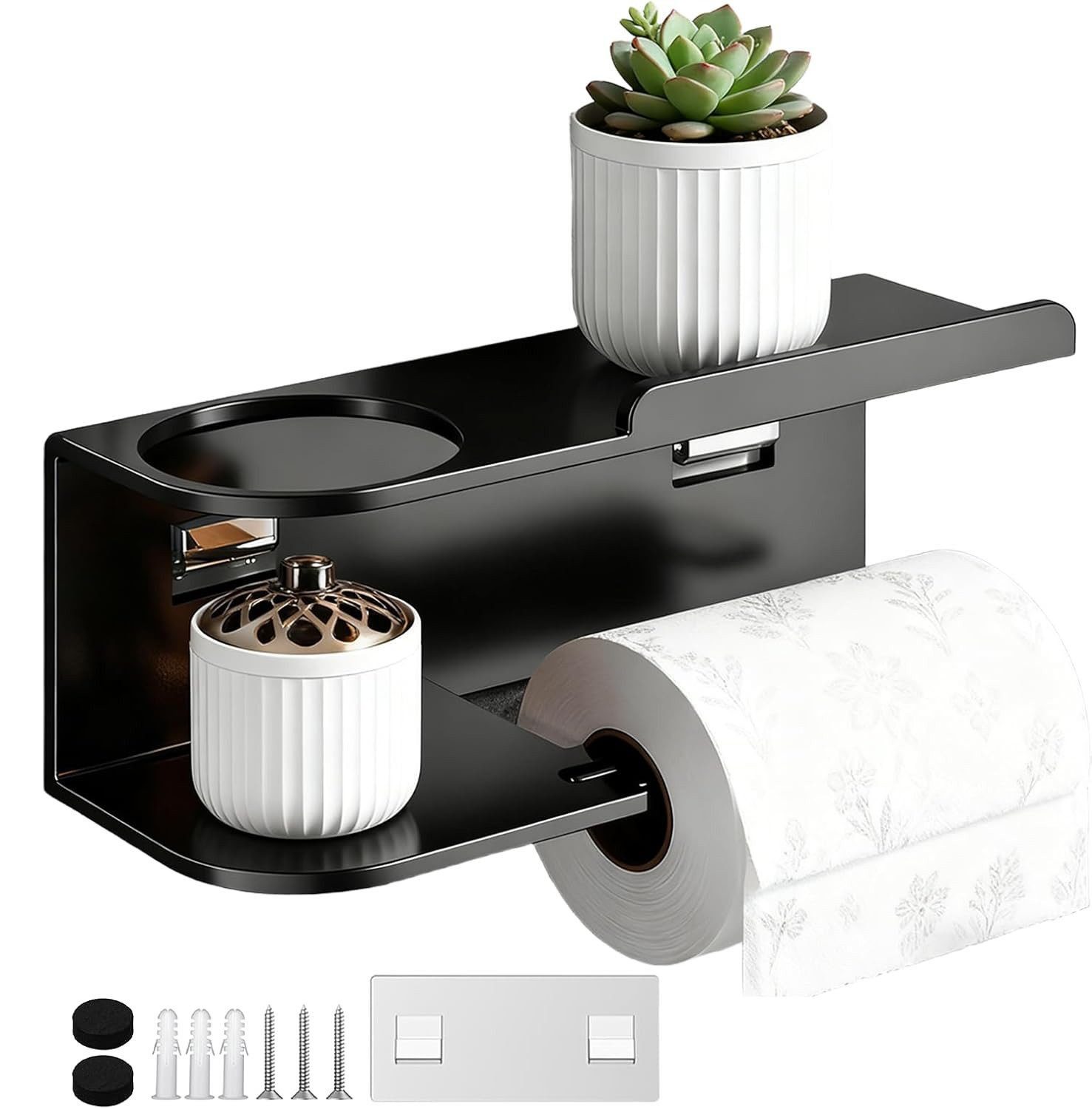 BlingBin Toilettenpapierhalter Schwarzer selbstklebender Klopapierhalter aus Edelstahl ohne Bohren (1 Stück, 1-St., 23 x 9 x 8 cm), praktische Ablage zur Wandmontage im Badezimmer