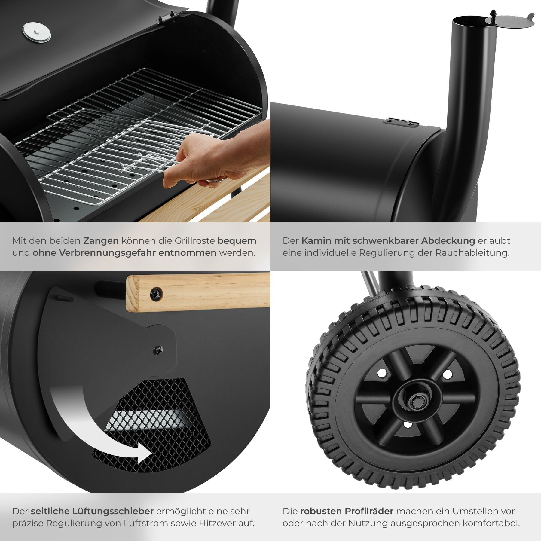 tectake Holzkohlegrill Smoker Grill 2in1 mit Thermometer, 2 Kammern, 2 Ablagen, 2 Räder, Smoker Grill, in Schwarz, regulierbare Luftzufuhr für präzise Temperatu – Bild 5 von 5