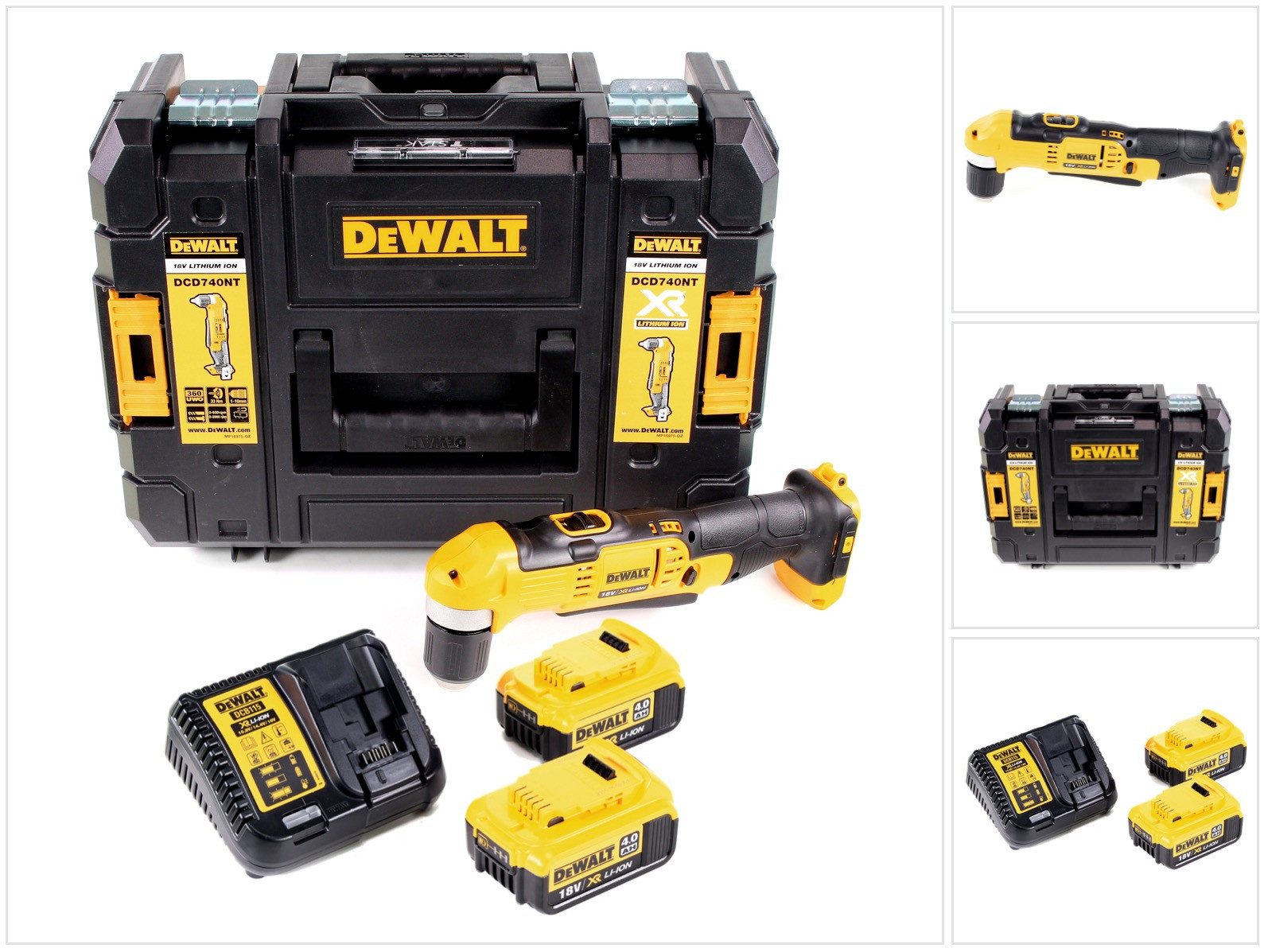 DeWalt Akku-Winkelbohrmaschine DCD 740 M2 + 2x 4,0Ah Akku + Schnellladegerät + TSTAK