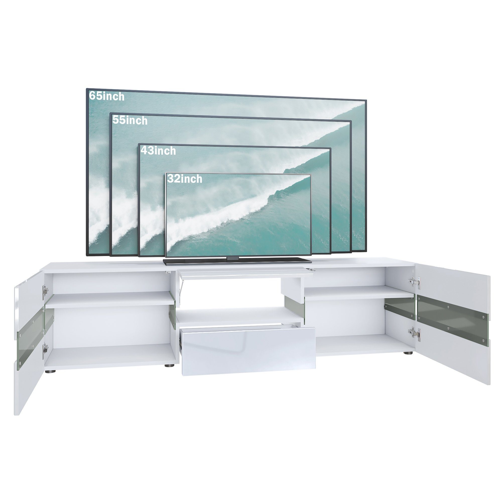 Vladon Lowboard Flow (TV-Kommode mit Ambient Light Verglasung, mit 2 Türen, 1 Schublade und 1 Klappe), Weiß matt/Weiß Hochglanz (177 x 45 x 39 cm)