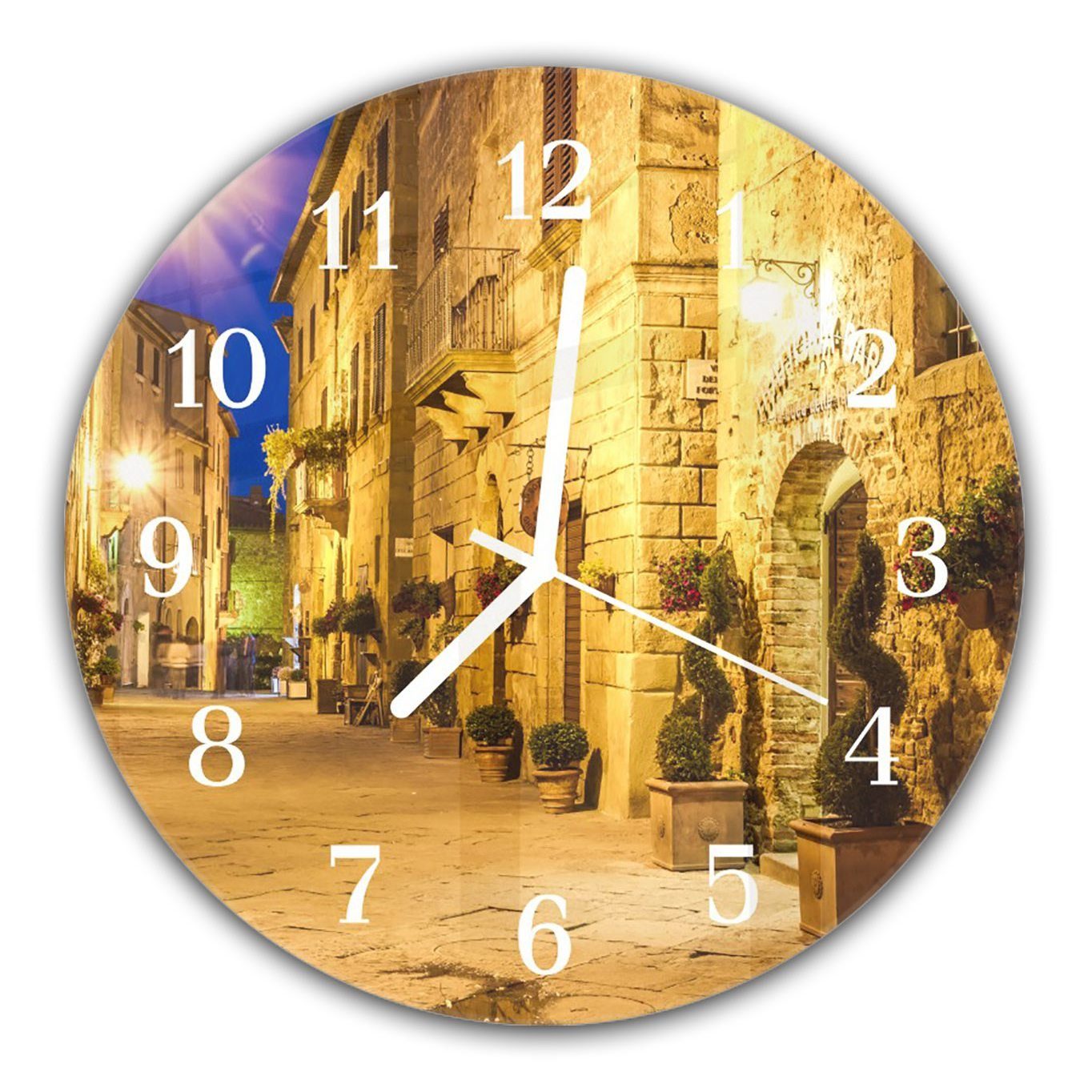 Primedeco Wanduhr Wanduhr aus Glas mit Motiv Antike Stadt bei Nacht - Rund mit Durchmesser 30 cm und Quarzuhrwerk