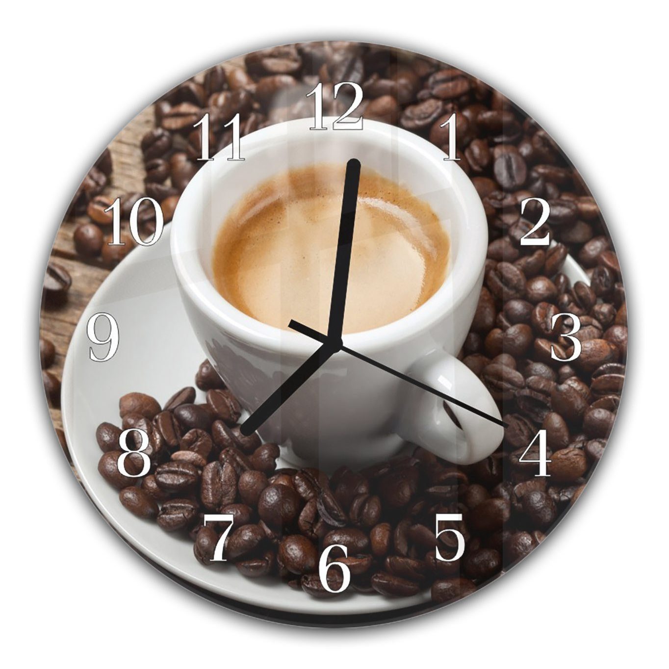 Kaffeetasse mit cm Glas Motiv aus Wanduhr Primedeco Durchmesser und mit mit - Bohnen Rund 30 Wanduhr Quarzuhrwerk