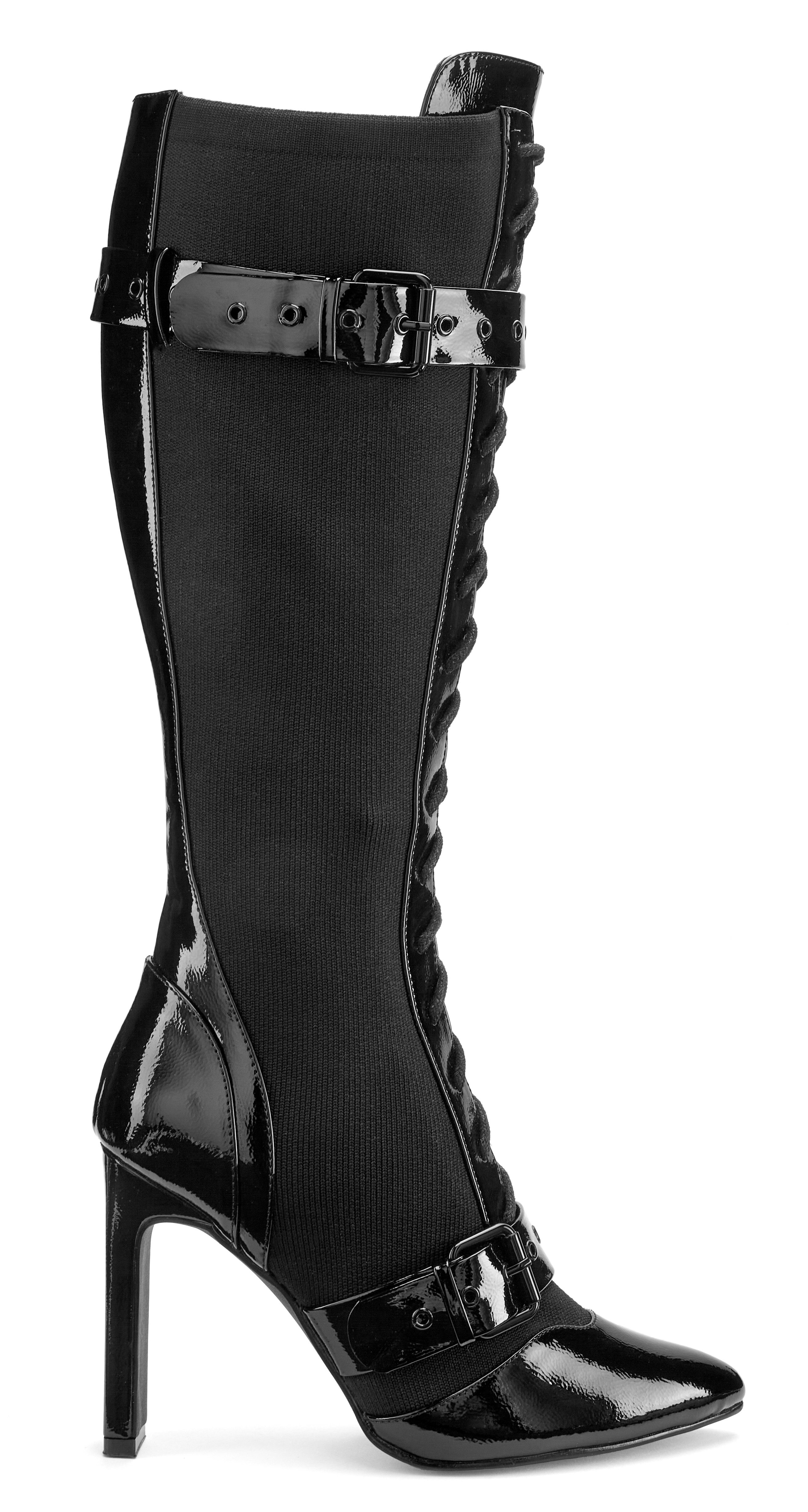 LASCANA Belle Affaire Schnürstiefel mit elastischem Schaft High-Heel-Stiefel Erotische Lack-Optik, High-Heel-Stiefelette