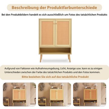 BlingBin Schuhschrank (Natürlicher Rattan-Schuhschrank 2 Türen und 5 Regalboden) mit holz Griffe und Massivholzbeine, B76/H102/T40 cm