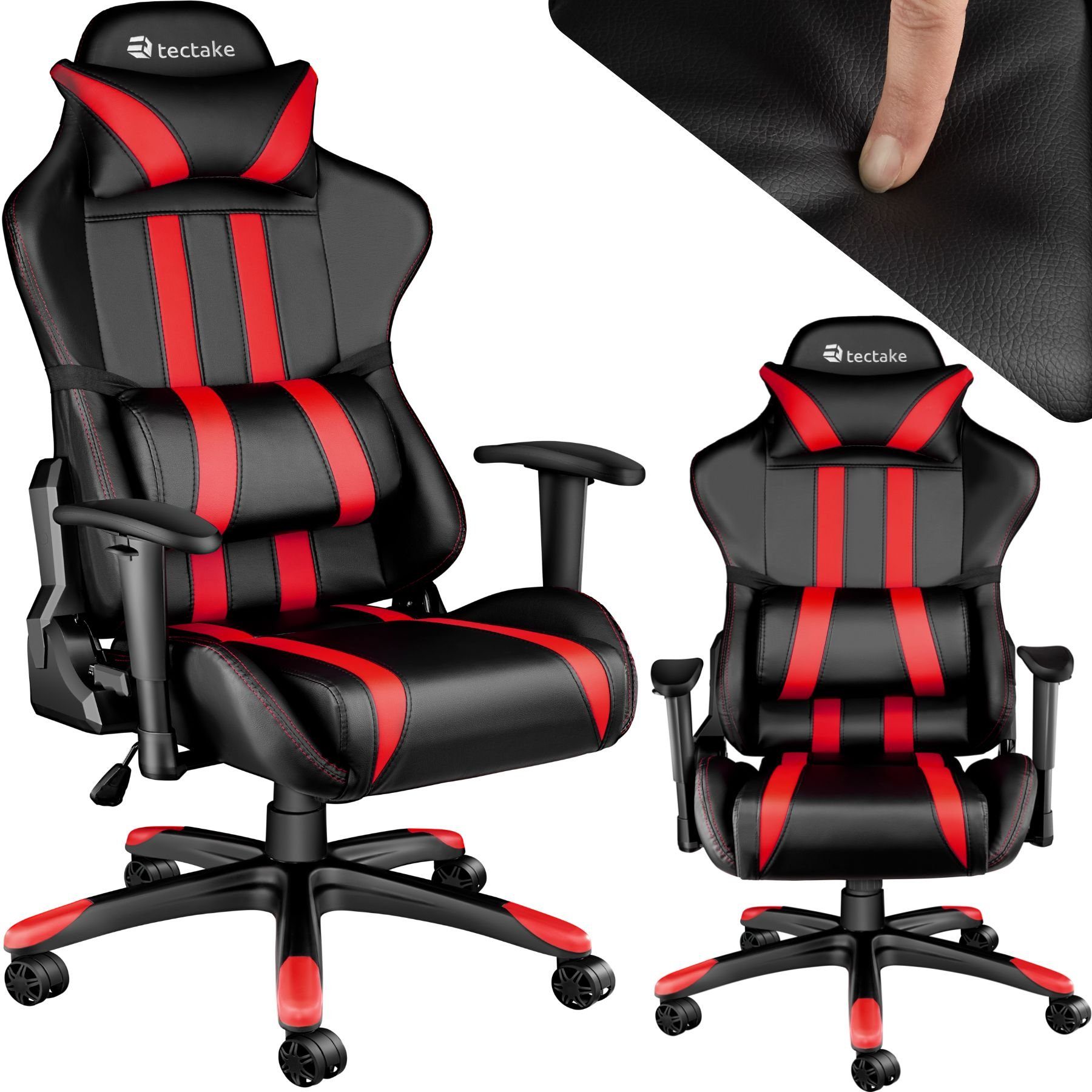 tectake Gaming-Stuhl Premium Racing Bürostuhl mit Streifen (1er, 1 St), Rückenlehne bis 105° verstellbar schwarz/rot