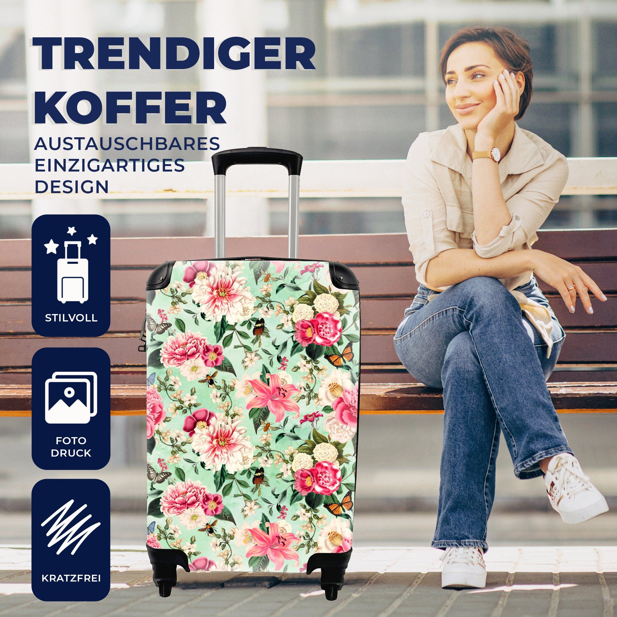 MuchoWow Handgepäckkoffer Blumen - Rosa 4 Schmetterling, Reisetasche Ferien, Reisekoffer rollen, Handgepäck Rollen, Trolley, für mit 