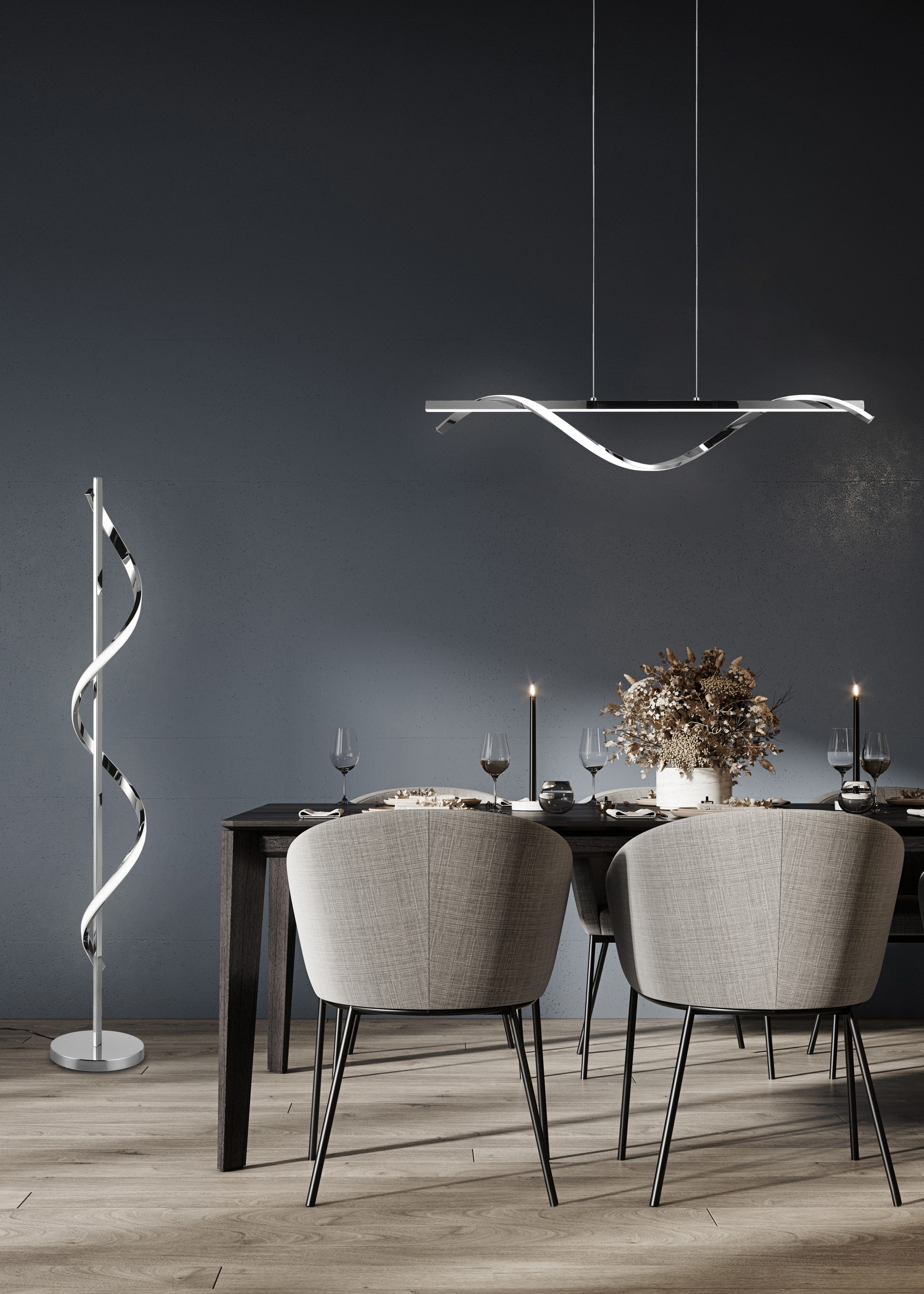 Reality Leuchten LED Pendelleuchte ISABEL, Hängelampe 26W LED kaltweiß 4000K 3000 Lumen, höhenverstellbar, Dimmfunktion, LED fest integriert, Kaltweiß, 3-Stufen dimmbar über Wandschalter, chrom verspiegelt, max Höhe 150cm
