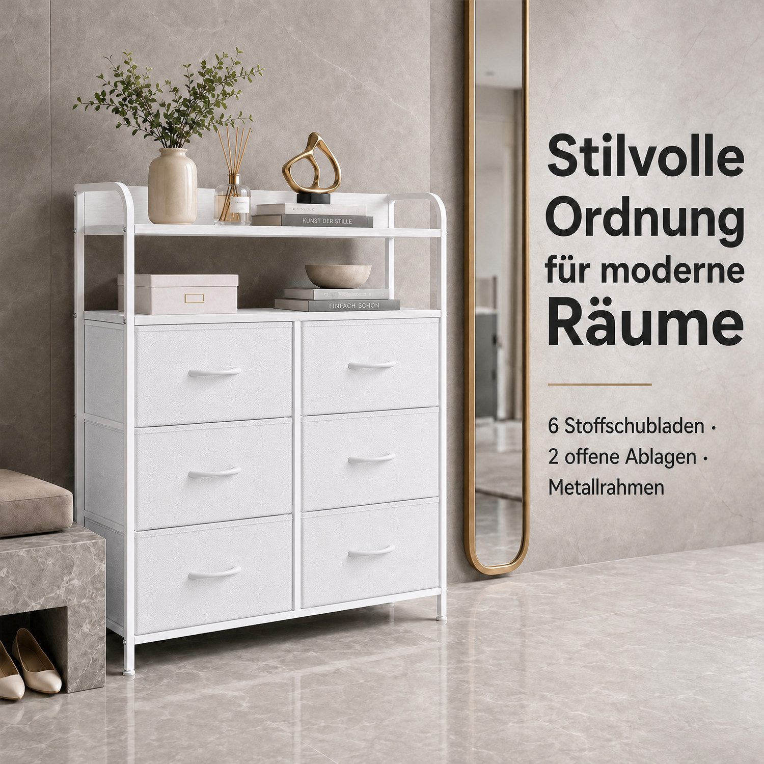 Refined Living Kommode Stoffkommode mit 6/7/8 Schubladen mit 2 offenen Ablagen Komodenschrank (Holzplatte und Metallrahmen, wasserdicht, Platzieren Dekorationen, Große Kapazität Aufbewahrungsmöbel, Sideboards, Schubkastenkommode), für Wohnzimmer, Kinderzimmer, Eingangsbereich, Flur, Schlafzimmer
