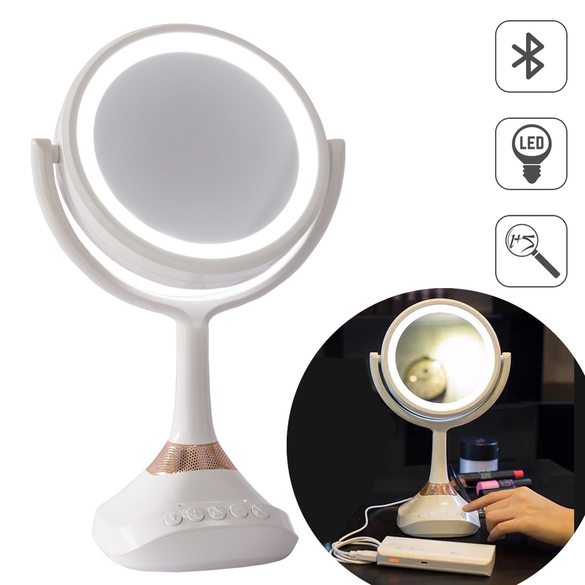 Mucola Schminkspiegel Kosmetikspiegel 1- und 5-fach Vergrößerung LED  Beleuchtung Bluetoothlautsprecher Rasierspiegel Spiegel Badezimmer  Tischspiegel Beleuchtet Schminkspiegel Handy (Stück, 1-St., Premium-Spiegel),  Bluetoothlautsprecher