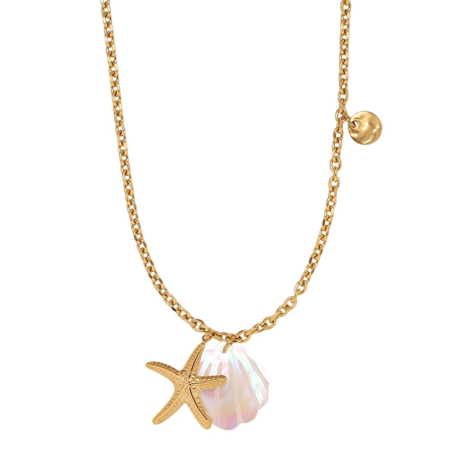 KARMA Kette mit Anhänger Halskette Damen Perle Seestern Gold 50 cm Kette echter Perlmut (hypoallergen rostfrei Damenschmuck, 1-tlg., modern Damenhalskette wasserfest), Edelstahl vergoldet Sommerschmuck für Frauen