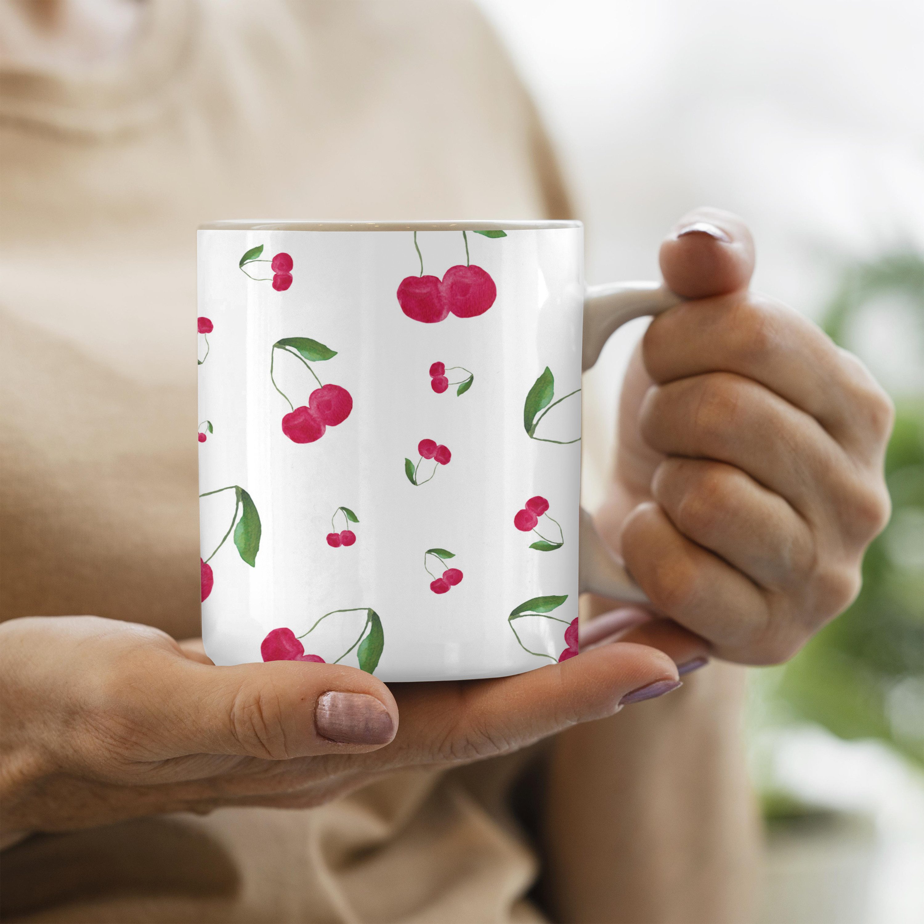 MuchoWow Tasse Kirschen - Rote Früchte - Weiß, 1-tlg., Keramik, Kaffeetassen, Teetasse, Becher, Kaffeebecher, Geschenk