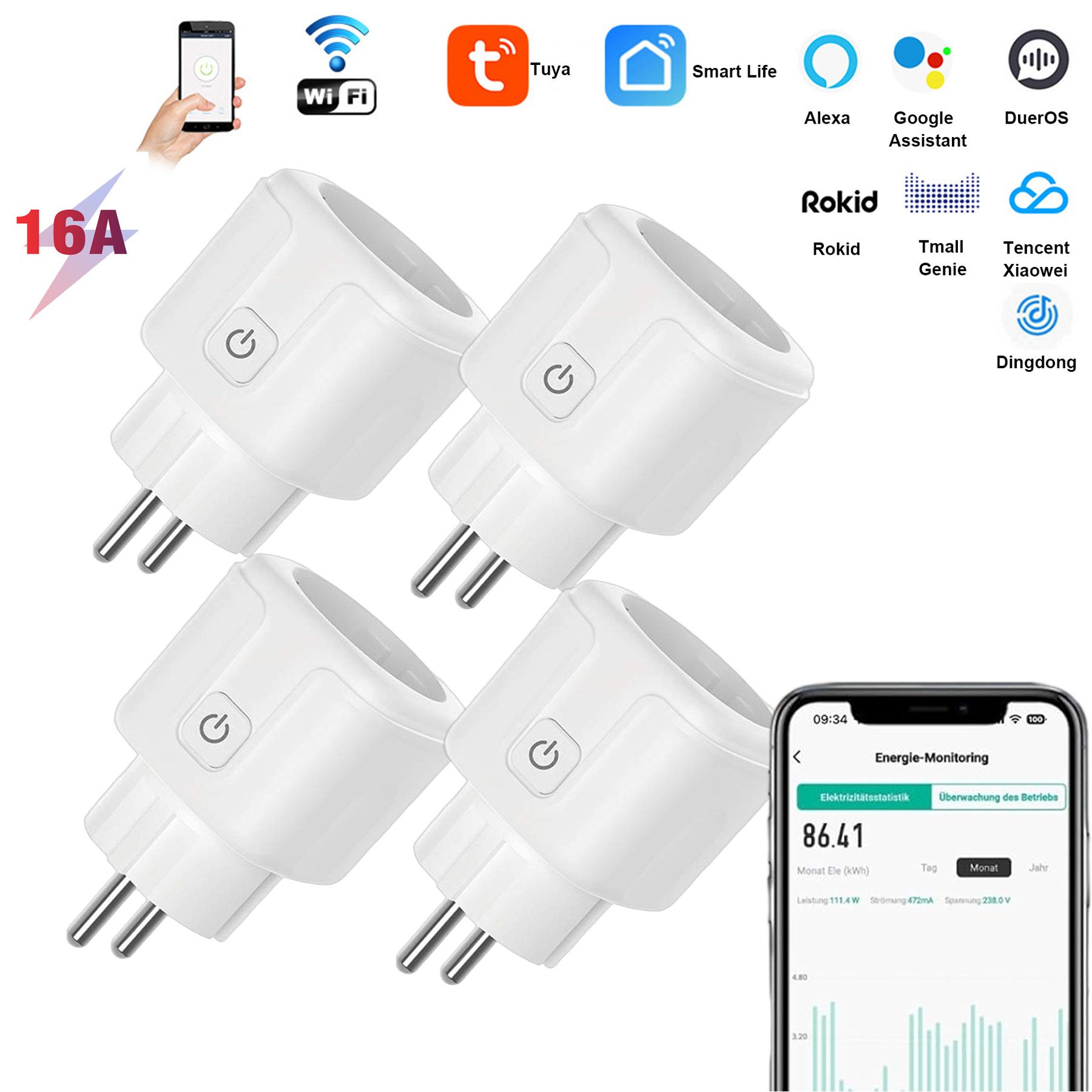 Senmudi Steckdose Steckdose 4er Pack 16A Smart Steckdose, WLAN Steckdose mit Zeitschaltuhr,APP Fernsteuerung, Stromzähler für Steckdose für das Smart Life, Kompatibel und Steuerbar mit google, Alexa