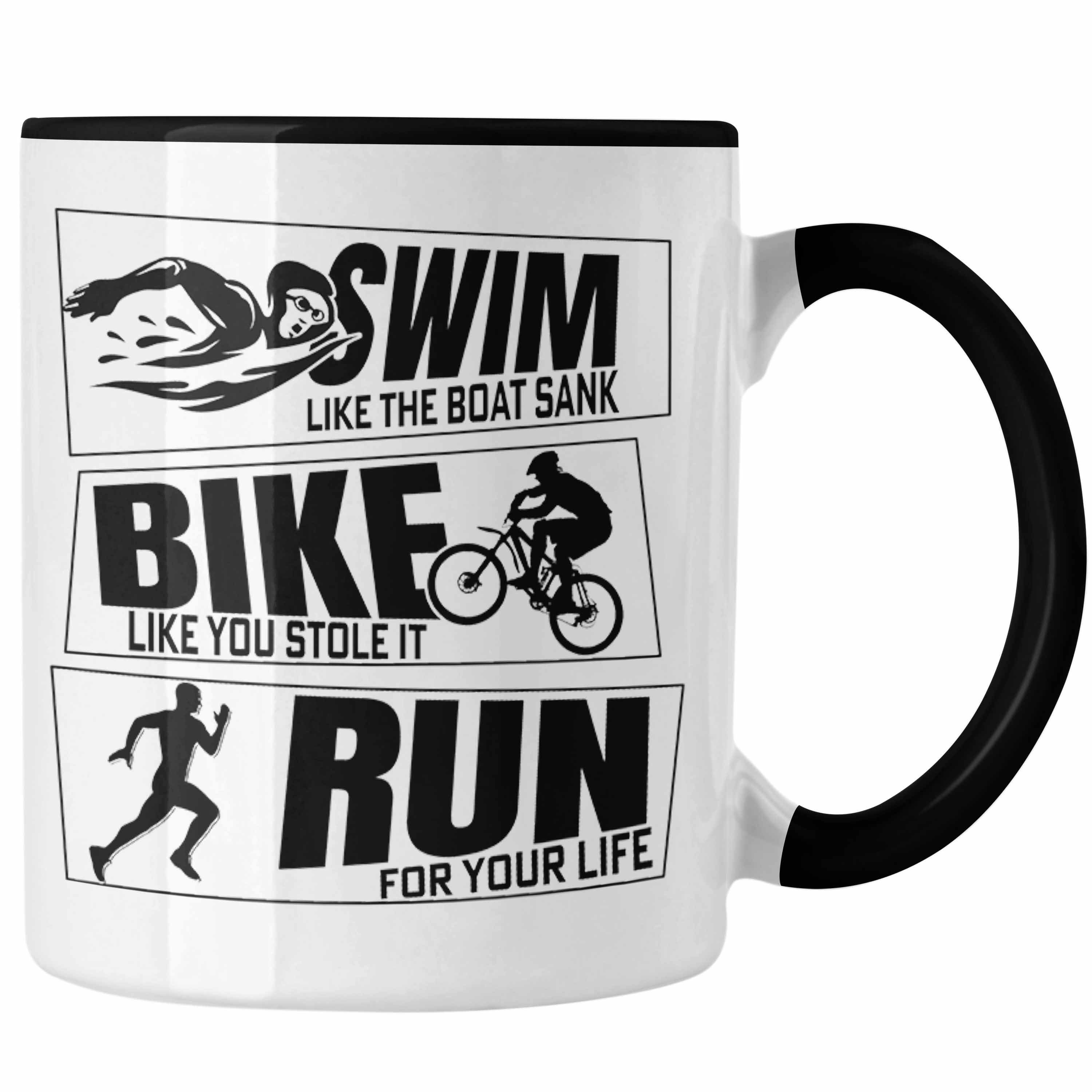 Trendation Tasse Geschenkidee Sportl Schwarz Tasse Bike Geschenk Triathlon Spruch Swim für Run