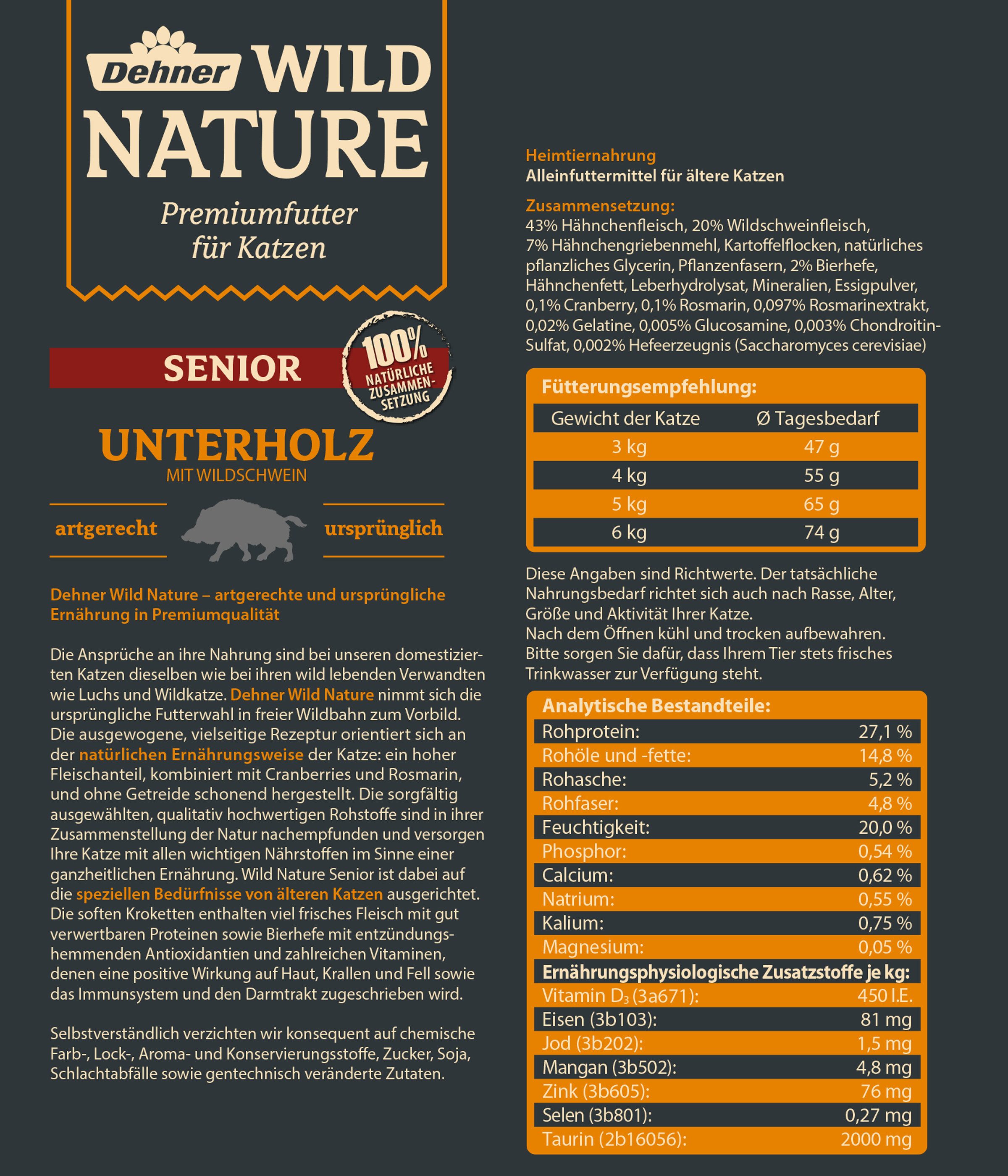 Dehner Wild Nature Unterholz Senior Wildschwein, 1.5 kg, getreidefrei Wildschwein, Trockenfutter für: Katze, Trockenfutter für ältere Katzen