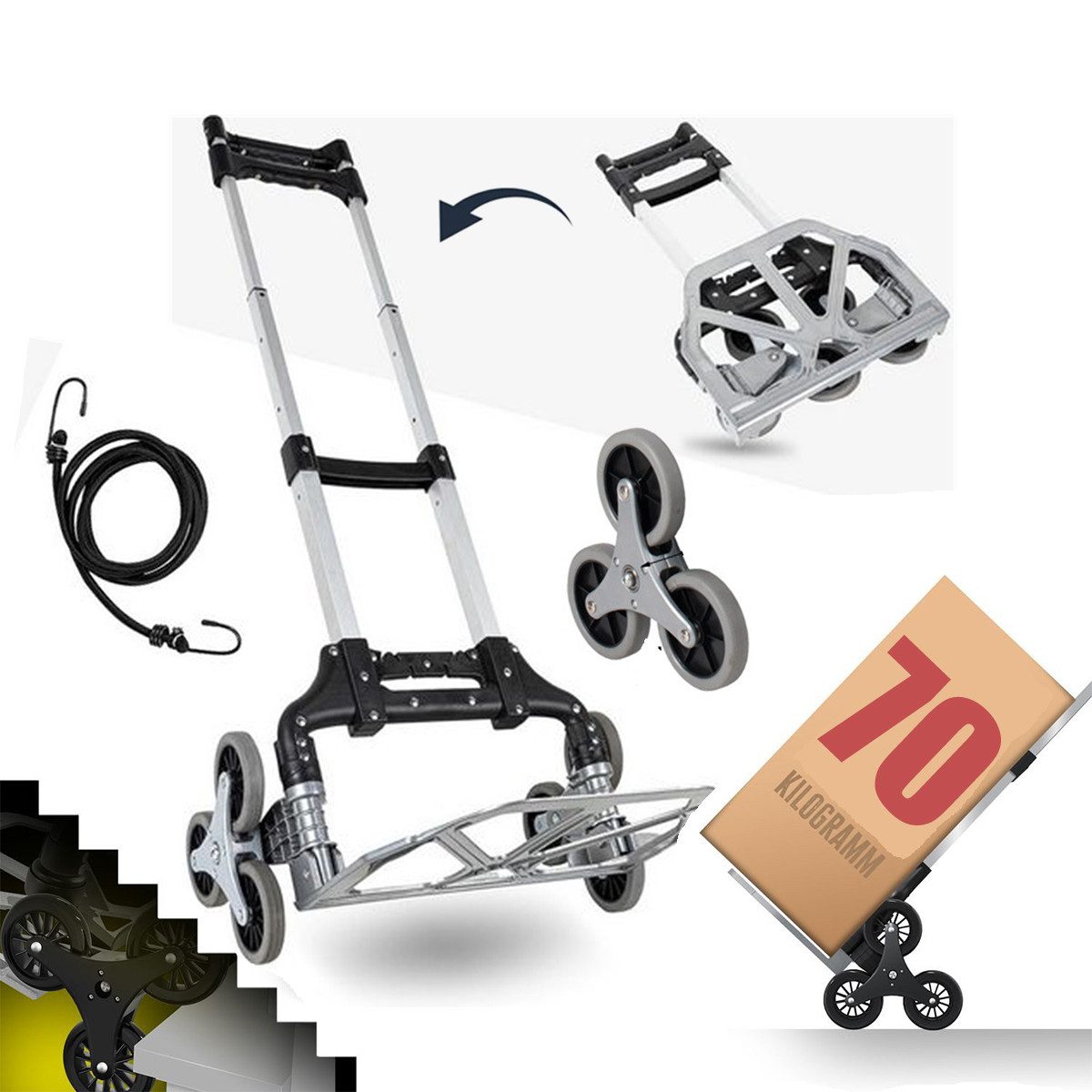 MOPUEA Sackkarre Alu Treppensteiger Wagen mit Leisem Rad 70kg klappbar zusammenklappbar, (Multifunktionale, faltbare Transportkarre mit Treppensteigfunktion, Robuster Aluminiumrahmen, 6 Räder, Expanderseil, Arbeitshandschuhe), Leicht, faltbar, teleskopierbar, 70 kg Kapazität, 3+3 Radsystem