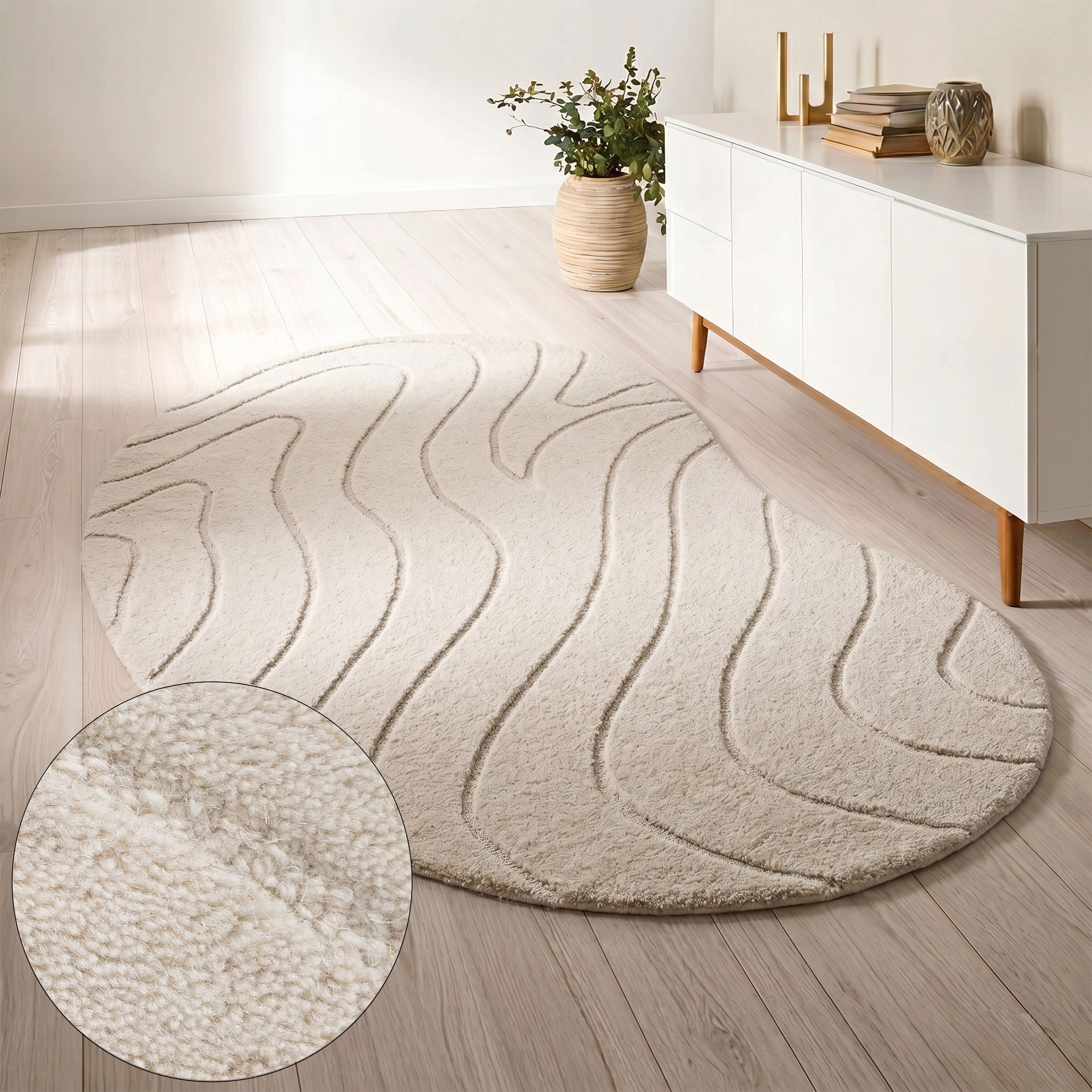 LeGer Home by Lena Gercke Wollteppich Zarrah, mit Wellendesign, besondere Form, organisch, oval, Höhe: 14 mm, reine Wolle, modern, Scandi, Schlafzimmer, Wohnzimmer, Esszimmer