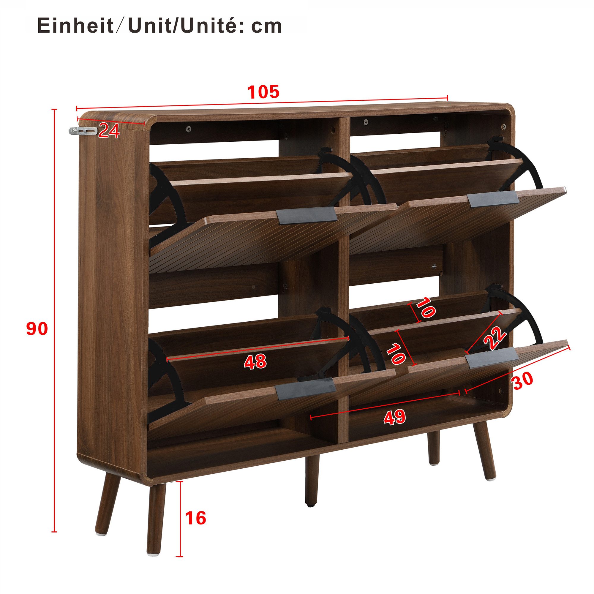 BlingBin Schuhschrank Schuhregal Schuhkipper Schuhkommode (Er bietet Platz für 18 bis 24 Paar Schuhe, 1-St., mit 4 Schrank) 105 L x 24 B x 90 H(cm), Walnussholz