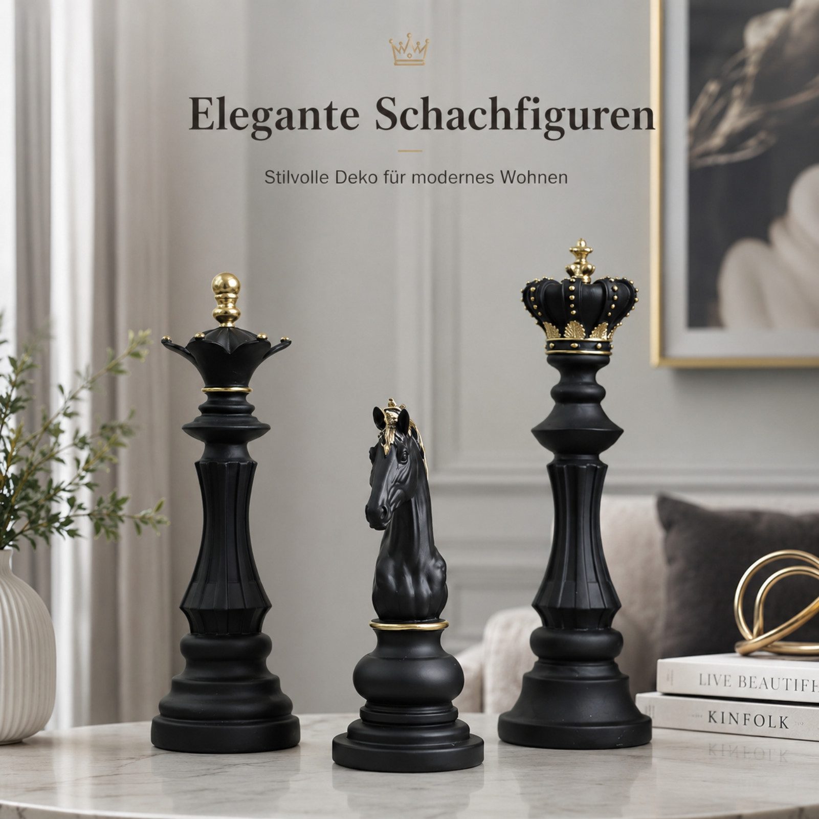 Jumpeak Skulptur skulptur deko,Skulpturen,Schachfiguren,Dreiteiliges Schachset (König, Königin und Springer Schachspiel (3-teilig), Harzdekoration,dekoration wohnzimmer,dekoration schlafzimmer,2 Farben