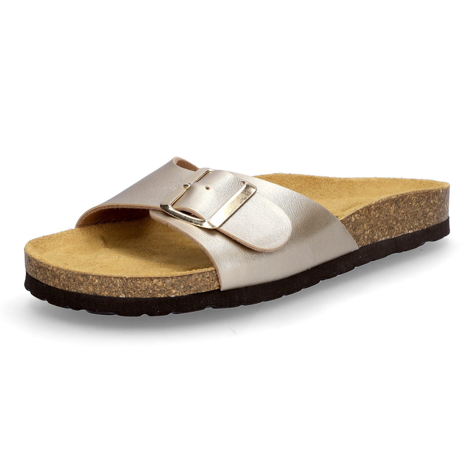 MIDS MONA Damen Pantolette gold, Einriemer mit Lederfußbett, Korksohle und verstellbarer Schnalle