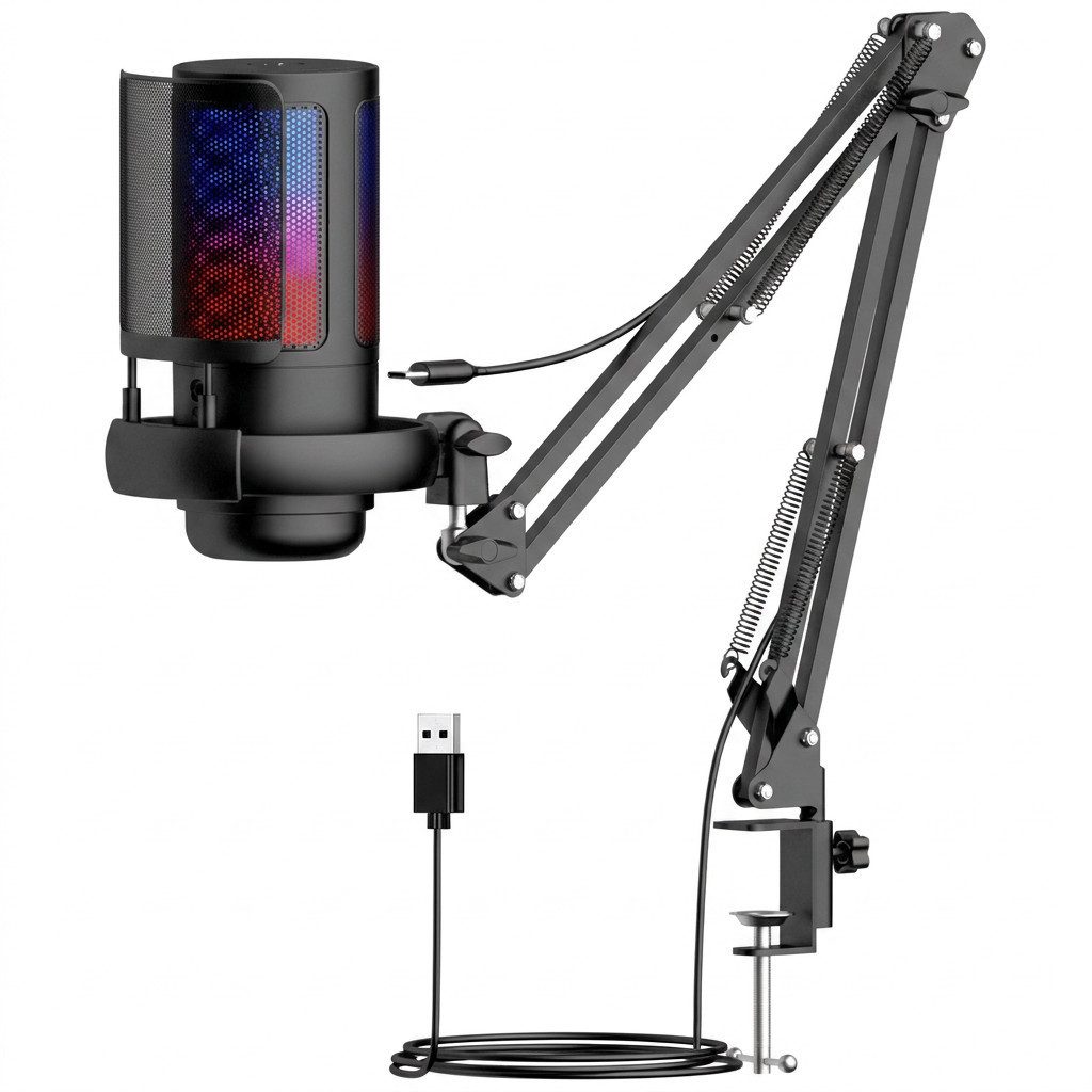 nsihing Streaming-Mikrofon Gaming USB Mikrofon, Noise Cancellation Kondensator Mic mit Mute, Gain, Monitoring, Galgenarm, Pop-Filter für Streaming, Podcast