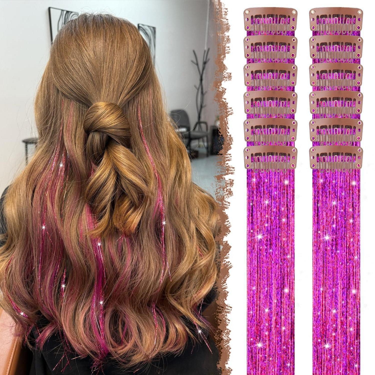 LuxusKollektion Kunsthaar-Extension Haartinsel Clip in Haarsträhnen 12 Stück Glitzer Kit Rosarot-glitzer