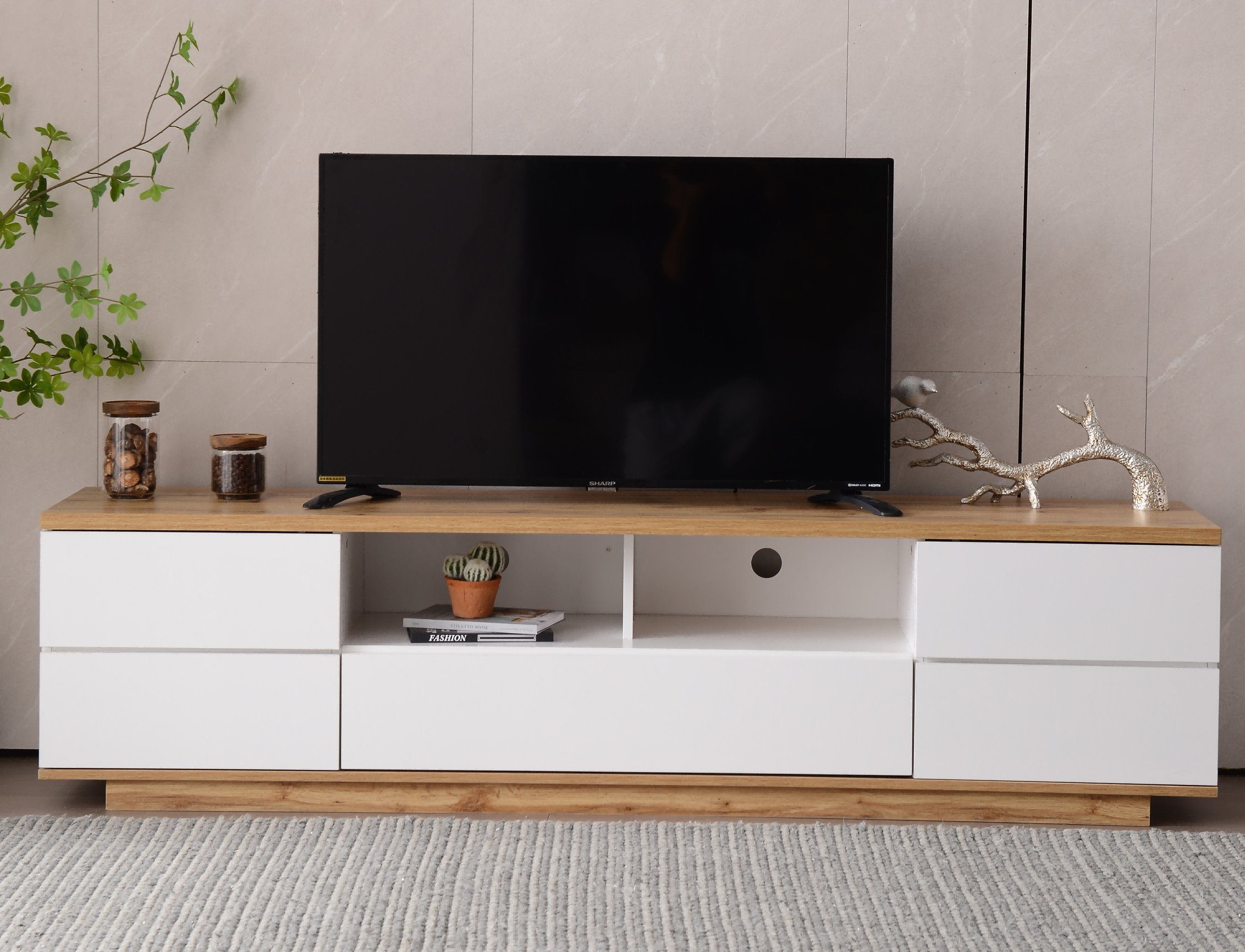 Hochglanz-Oberfläche TV-Schrank Sideboard Holzmaserung 180cm mit REDOM Beistellschrank Fernsehschrank TV-Schrank TV-Lowboard
