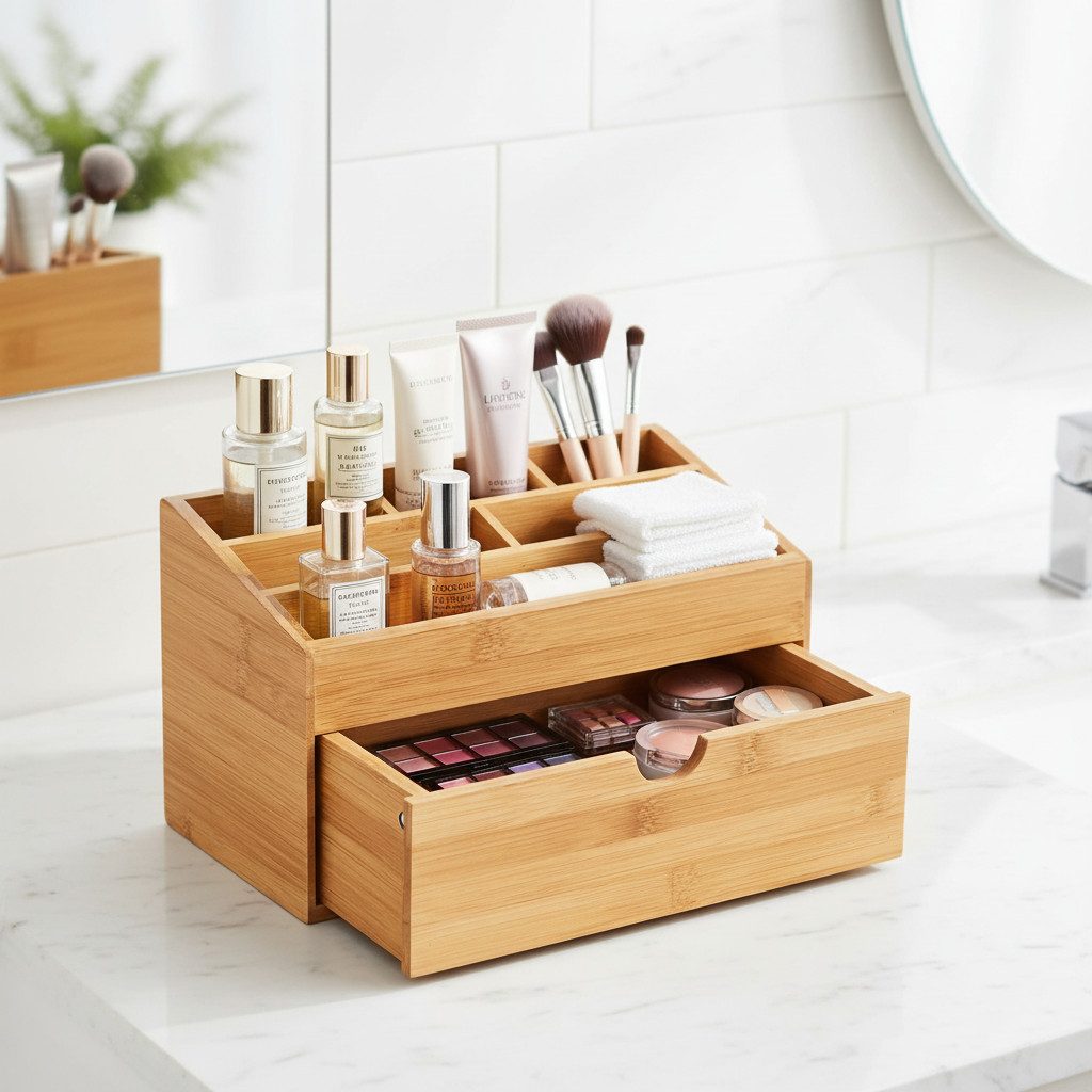 hausleben Organizer Schreibtisch aus Bambus mit Schublade–Büro Organizer, (Schreibtischablage für Büro & Home Office, 1 St), 6 Fächer mit Schublade,24,5x13x15 cm