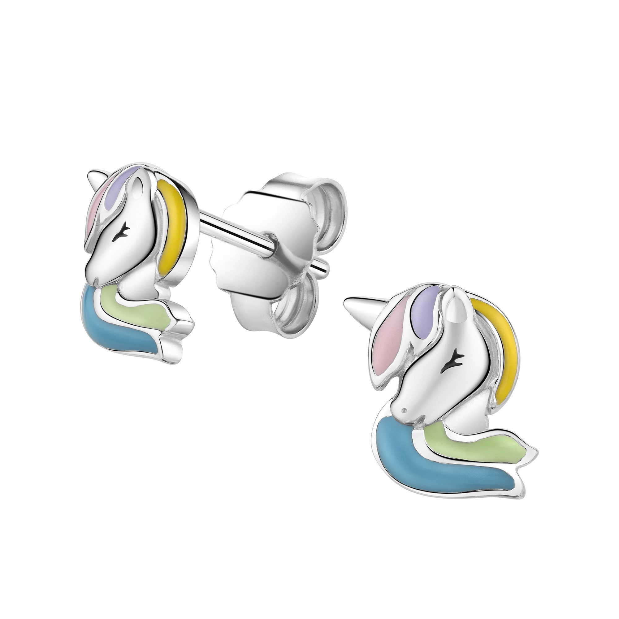 Zeeme Paar Ohrstecker Silber 925 rhodiniert mit buntem Einhorn-Motiv