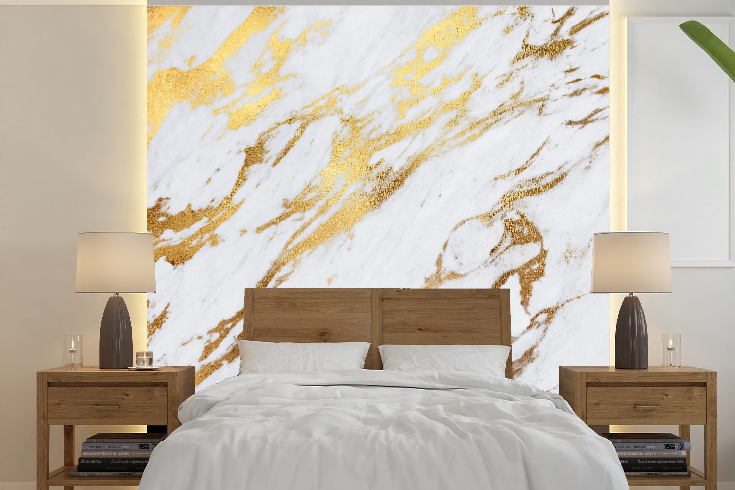 MuchoWow Fototapete Marmor - Luxus, Weiß bedruckt, oder - Schlafzimmer, - (5 Tapete Vinyl Wandtapete für Gold Matt, St), Wohnzimmer