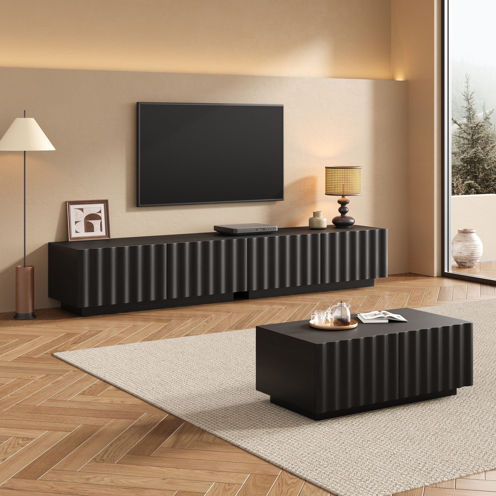Merax Wohnzimmer-Set mit Wellenoptik, (1-St), TV-Schrank & Couchtisch mit Stauraum, modernes Möbelset für Wohnzimmer