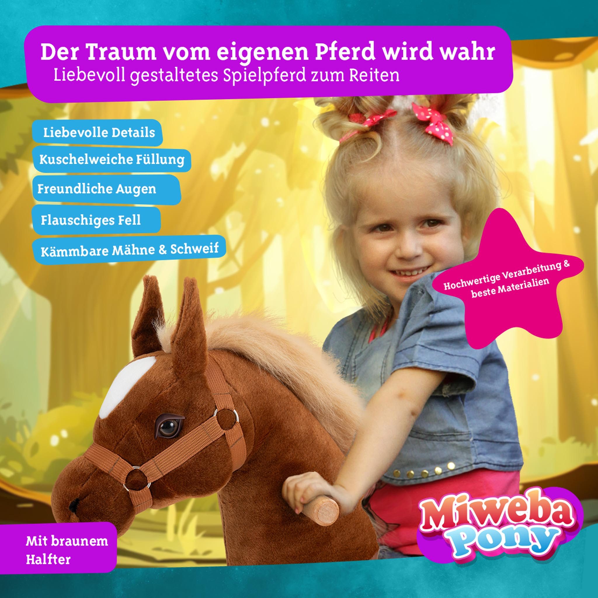 miweba Reitpferd für Kinder Amadeus - Pony mit Rollen, Schaukelpferd, Kinder Pony mit Lenkung, Pferd für Kinder mit Sattel