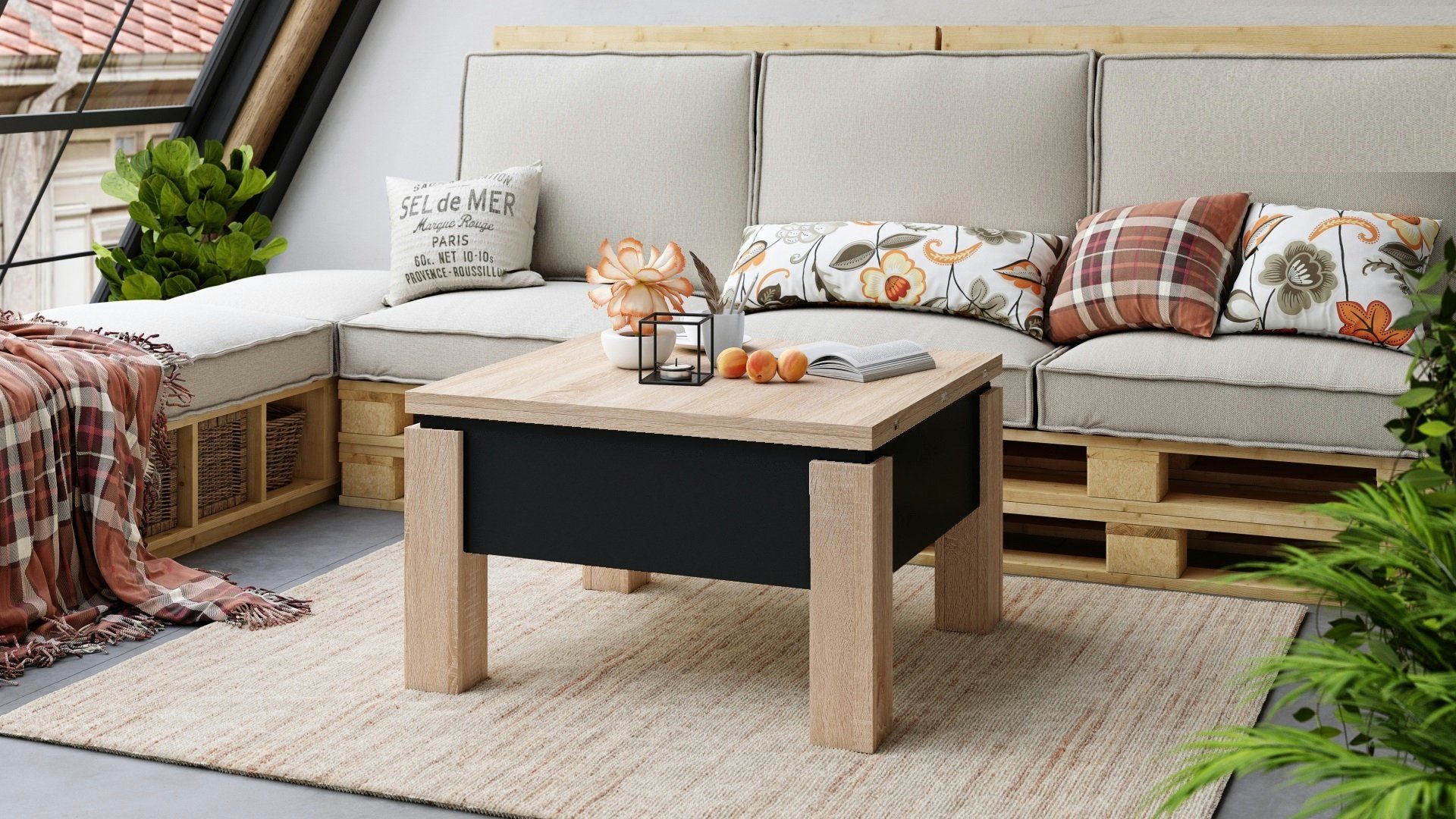 designimpex Couchtisch Design Couchtisch Tisch Eiche aufklappbar Oslo / Schwarz höhenverstellbar Sonoma matt Esstisch