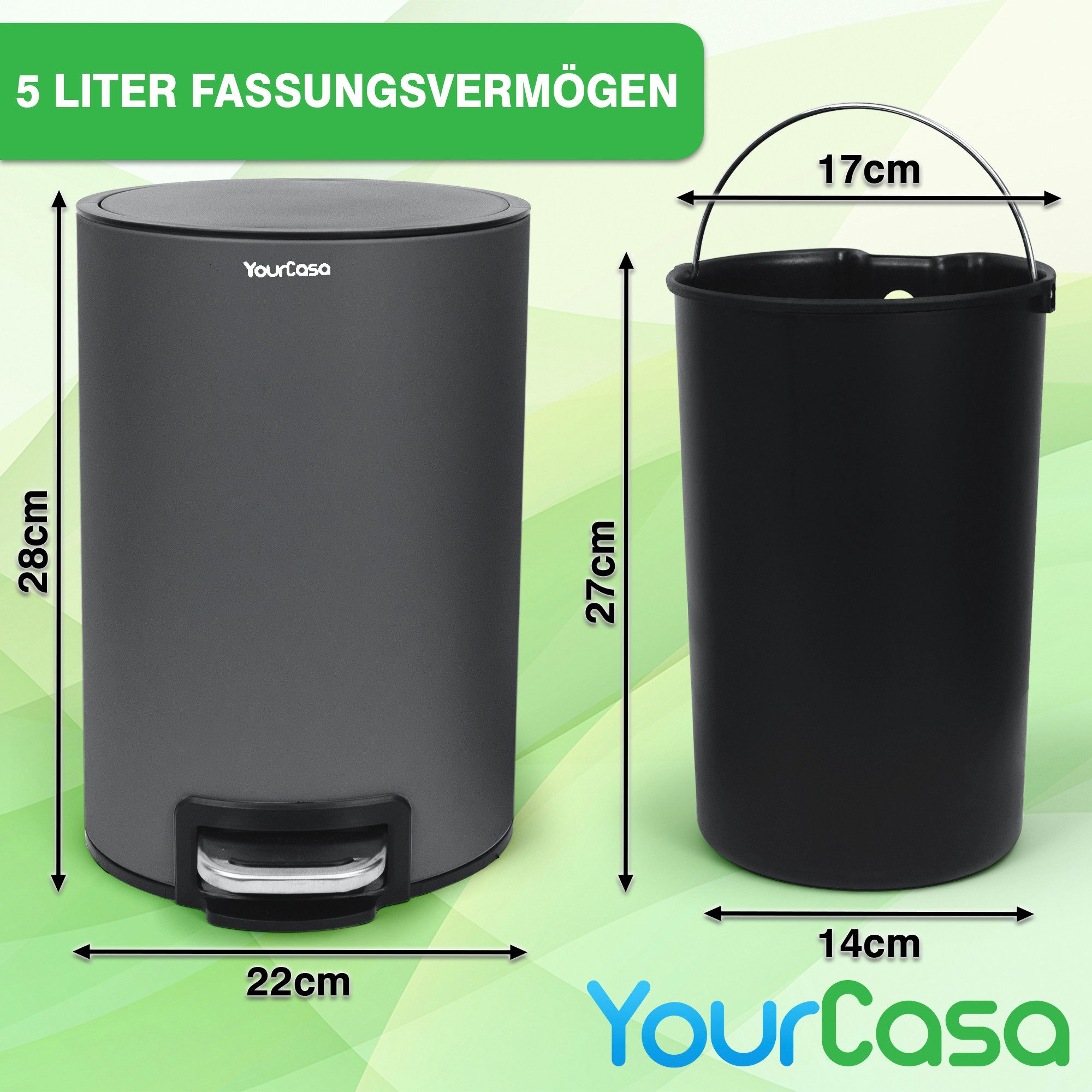 YourCasa Mülleimer YourCasa® Mülleimer Bad [5L] - Elegantes Design - Badezimmer Mülleimer, Fassungsvermögen 5L, Edelstahl Pulverbeschichtet