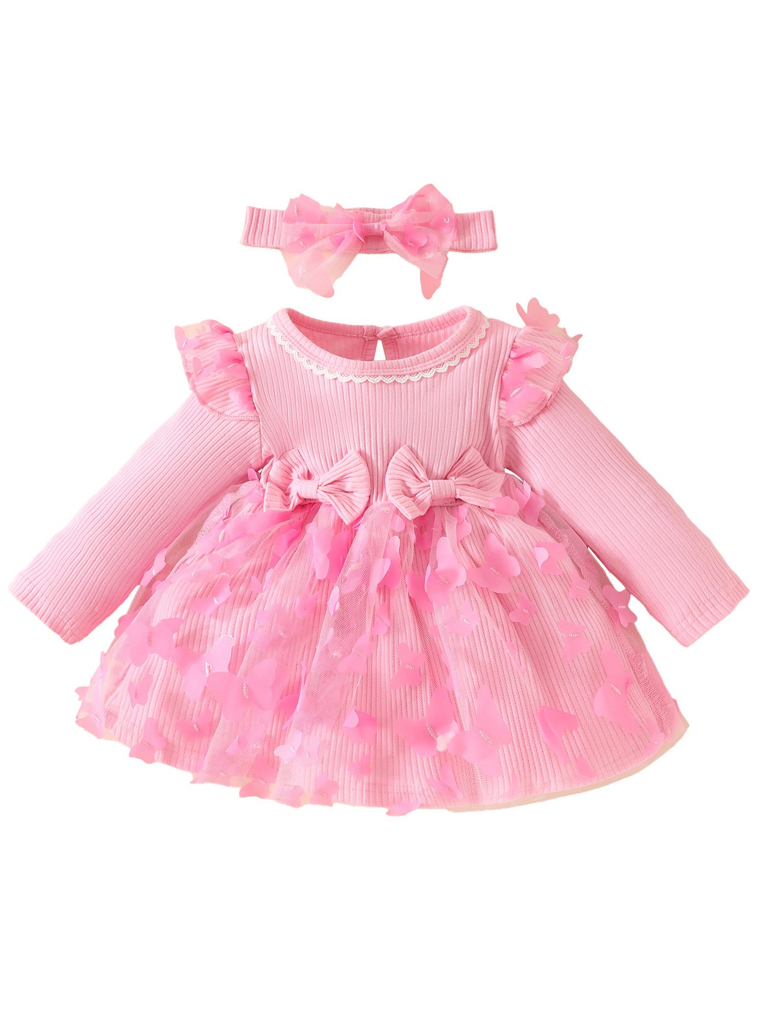 Lapastyle Partykleid Baby-Mädchen Langarm Netzkleid & Stirnband, Einfarbig A-Linien-Kleid (Set, 2-tlg) Partykleid aus Strick mit Schmetterlings-Patch, Baby Freizeit Outfits