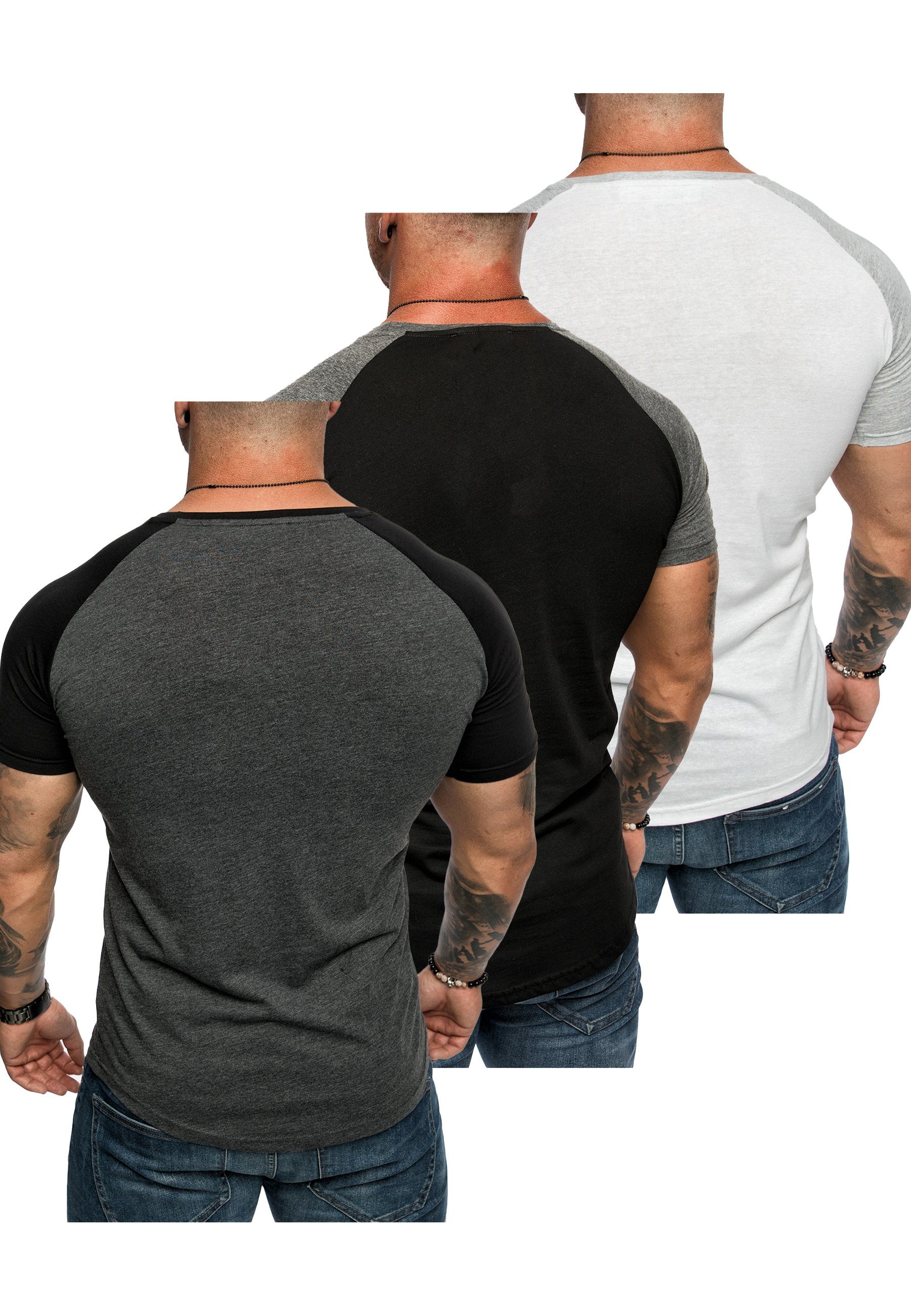 T-Shirt Herren 3. Kontrast (Weiß/Grau T-Shirts T-Shirt Basic + 3er-Pack Oversize Anthrazit/Schwarz Raglan (3er-Pack) + OMAHA Amaci&Sons Schwarz/Anthrazit)