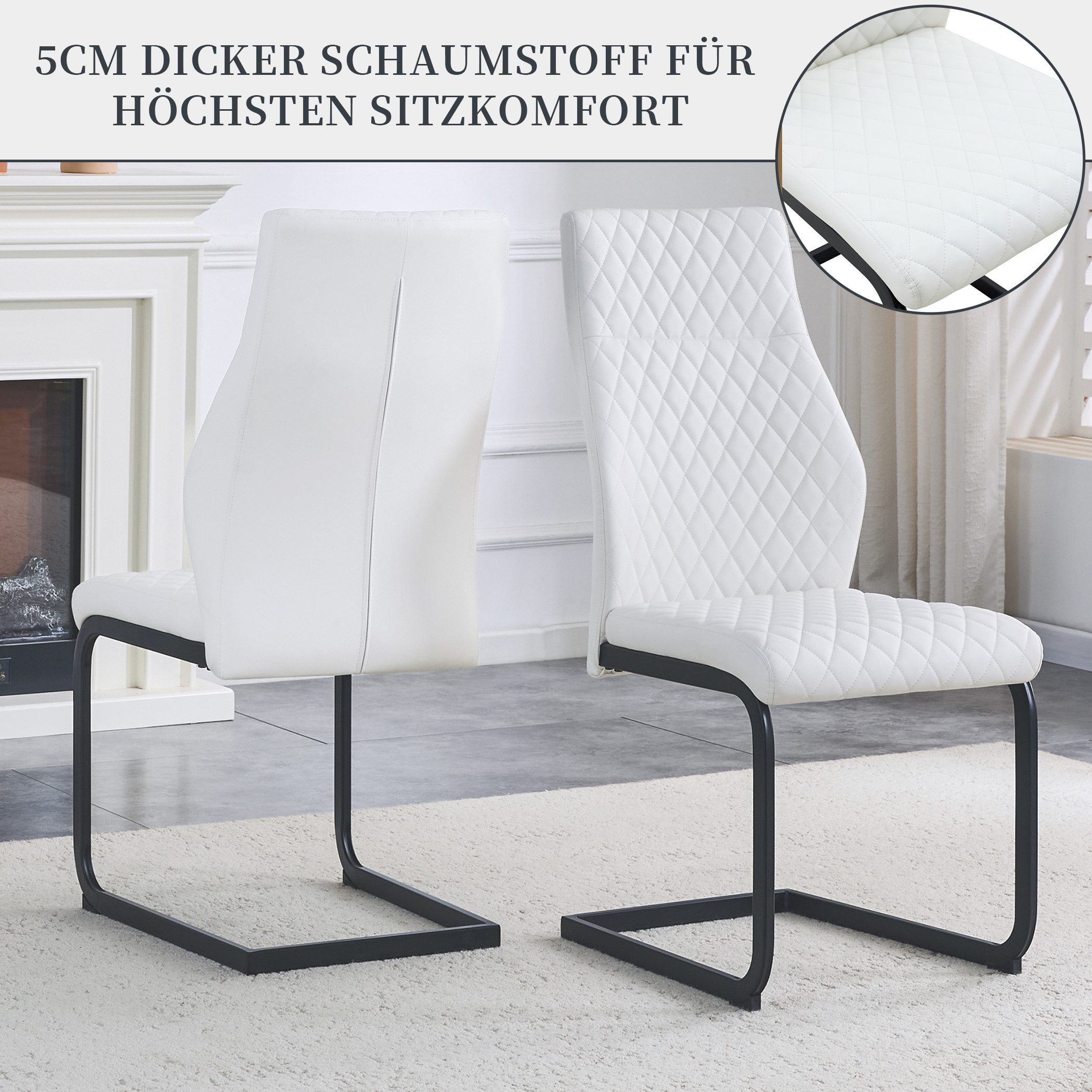 SeedWave Freischwinger 2er Set Esszimmerstuhl aus PU-Leder, Hohe Rückenlehne mit Rautenstepp, Metallgestell Küchenstühle, 5cm dicker Schaumstoff gefüllt