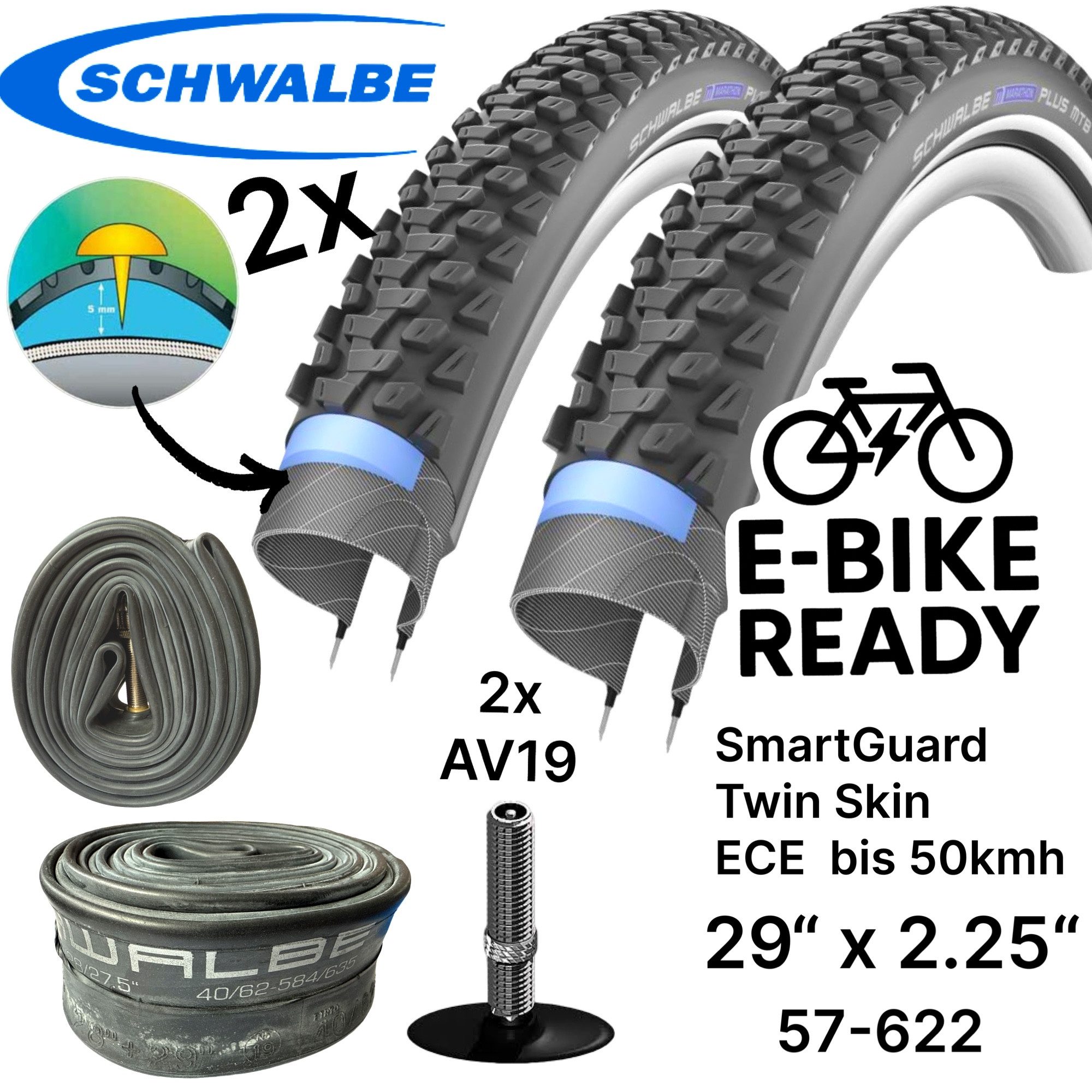 Schwalbe Fahrradschlauch Schwalbe Marathon Plus MTB Ebike 29x2,25"Reifen + Schläuche AV19 Set