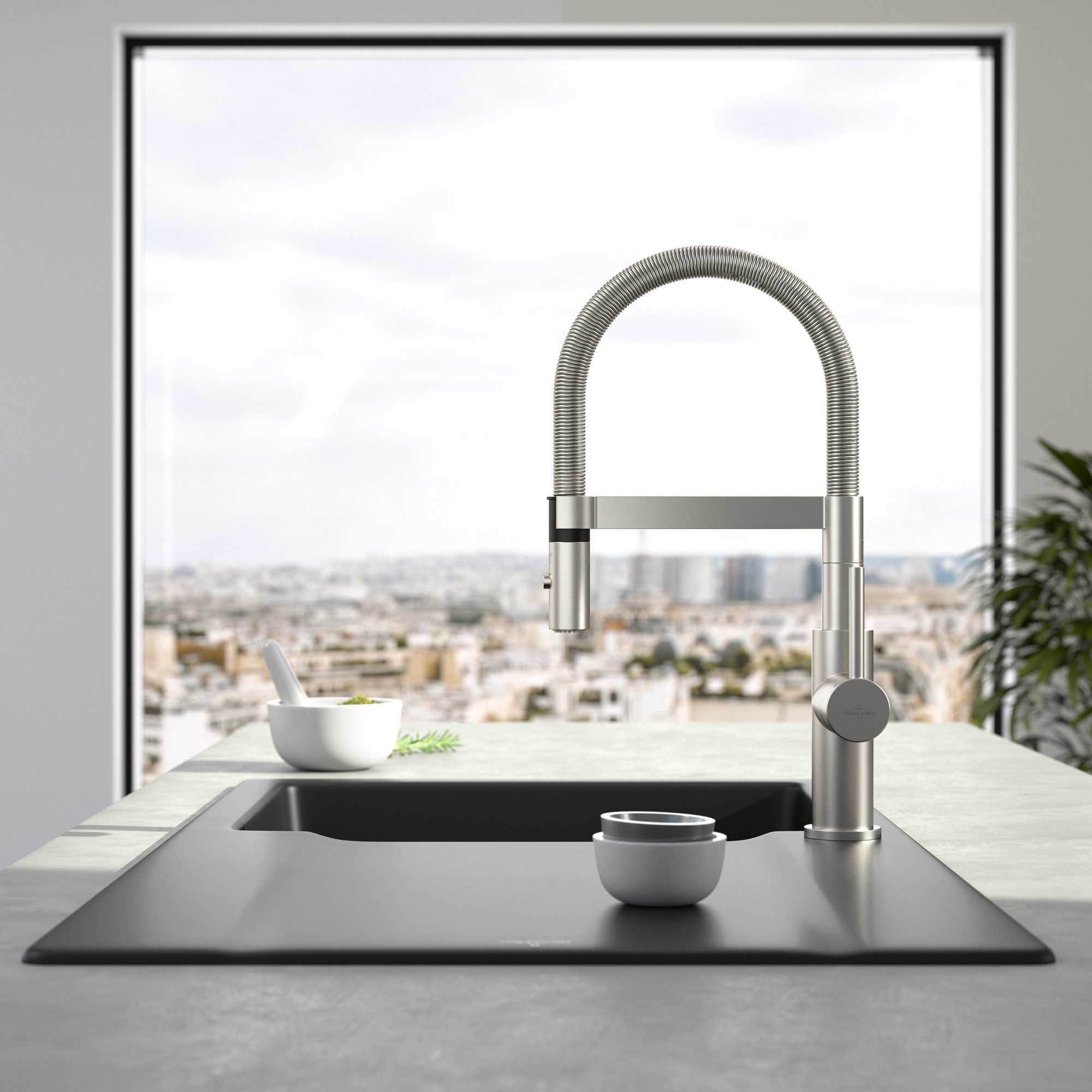 Villeroy & Boch Küchenarmatur Steel Expert Compact mit Brausekopf (schwenkbarer Auslauf, spritzarmes Arbeiten dank Laminarstrahl) Hochdruck-Armatur, Umschaltfun – Bild 4 von 5