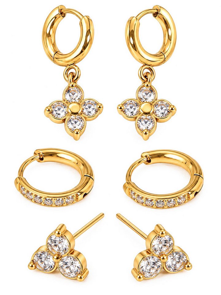 THIORA Ohrring-Set Bloom Trio (Set, 6-tlg., 3 vollständige Paare), 3 Paar Creolen und Ohrstecker mit Zirkonia, 316L Edelstahl