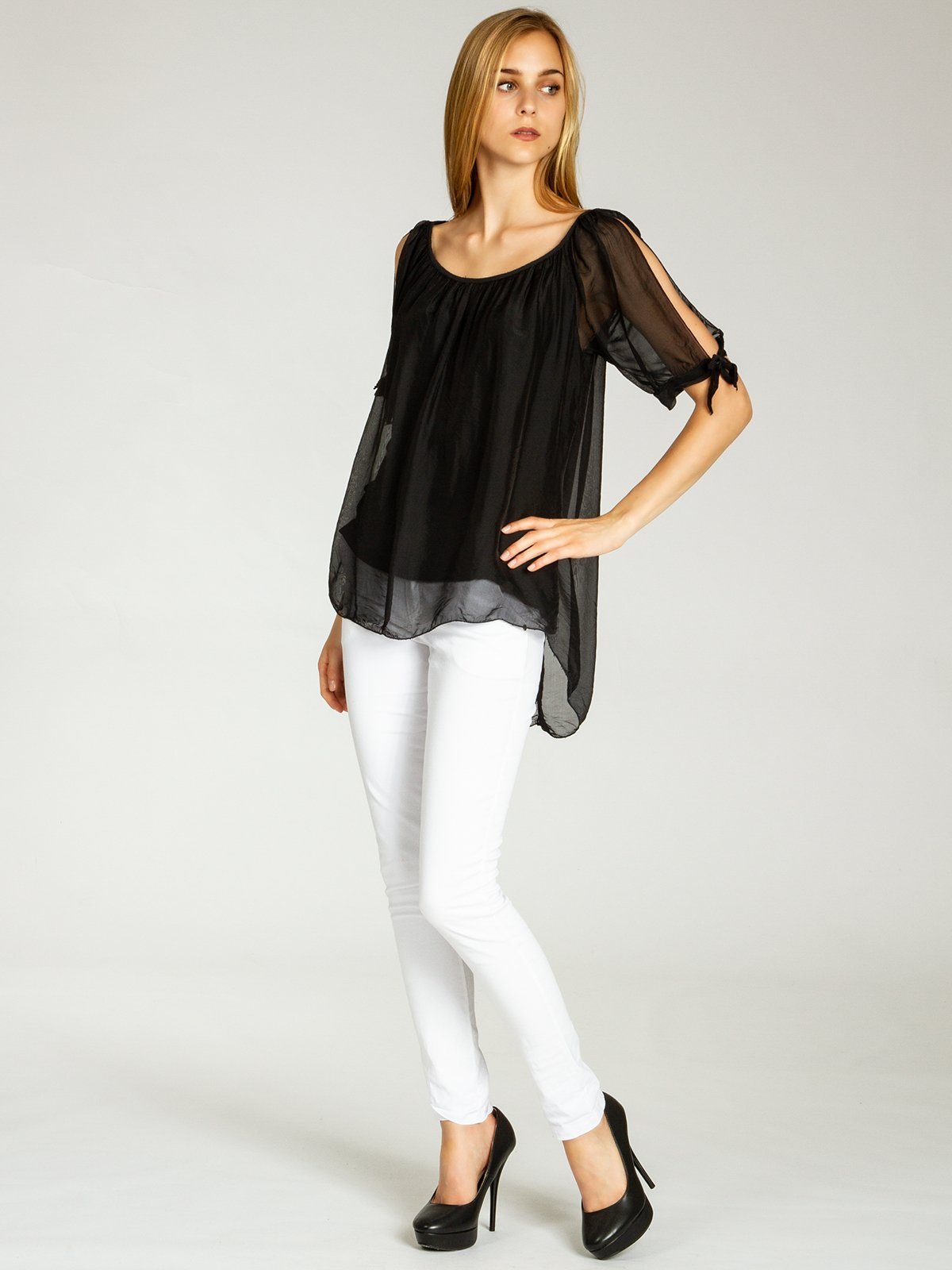 schwarz Seidenanteil elegante mit Shirtbluse Sommer Caspar leichte Bluse lange Damen BLU020