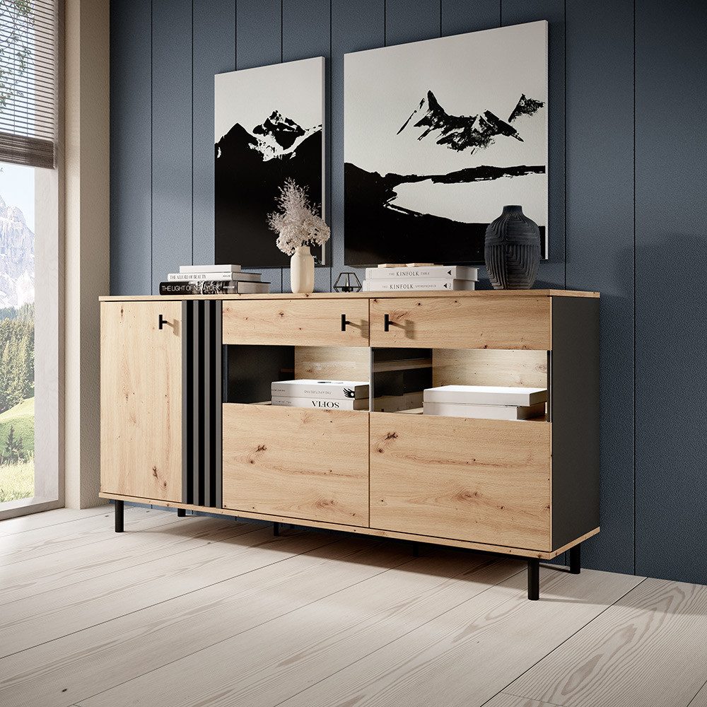 Lomadox Sideboard MATTAWA-167, Kommode, 165 cm, Eiche Dekor, 3 Türen, LED Beleuchtung
