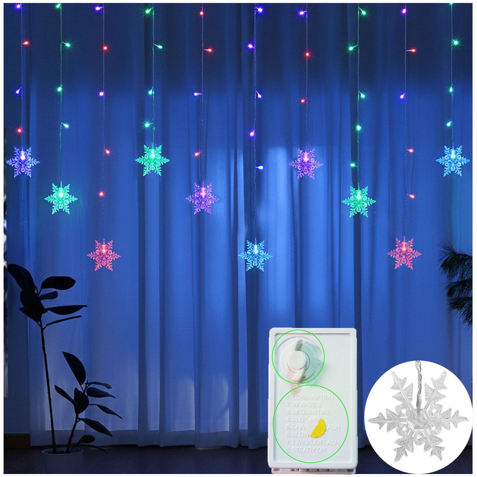 Jibenhome LED-Lichtervorhang LED Lichterkette Schneeflocken 3.5M, 96LEDs Weihnachtsbeleuchtung, Lichtervorhang Innen Weihnachten 8 Modi,Memory mit Stecker