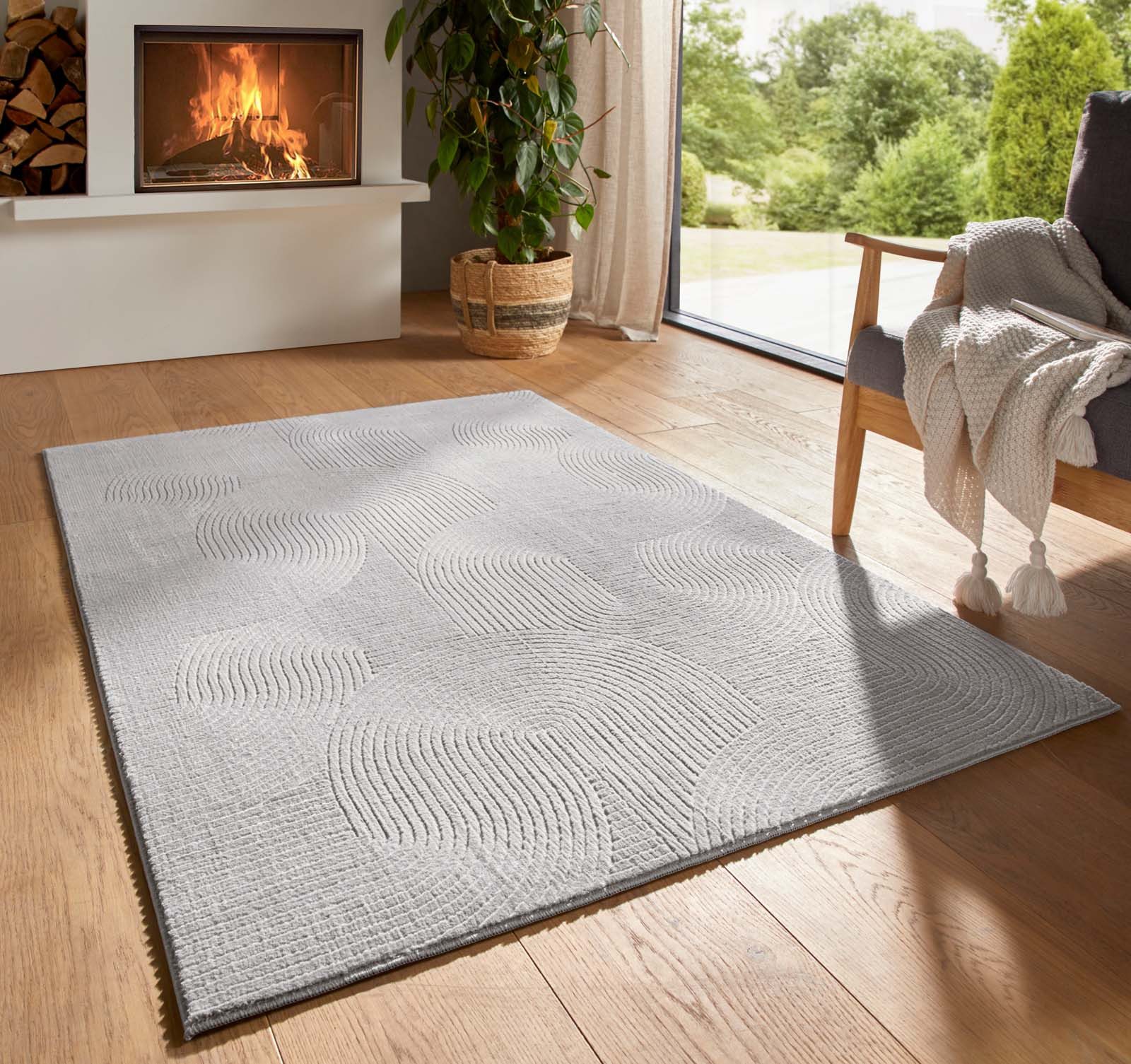 TaCa Home Teppich Kurzflor Teppich Hasenfell Optik, rechteckig, Höhe: 10 mm, Wohnzimmer, Kinderzimmer, Esszimmer, Wellen Silber - 300 x 400 cm