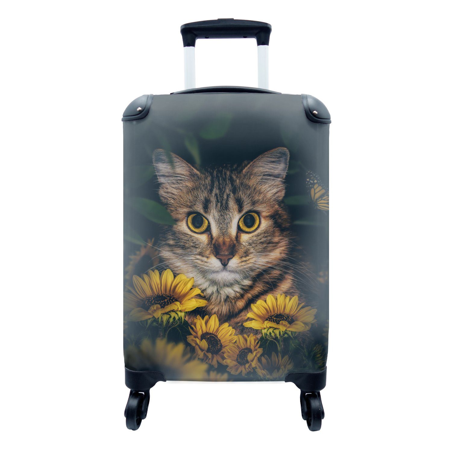 MuchoWow Handgepäckkoffer Katze - Gelb - Blumen - Botanisch, 4 Rollen, Reisetasche mit rollen, Handgepäck für Ferien, Trolley, Reisekoffer