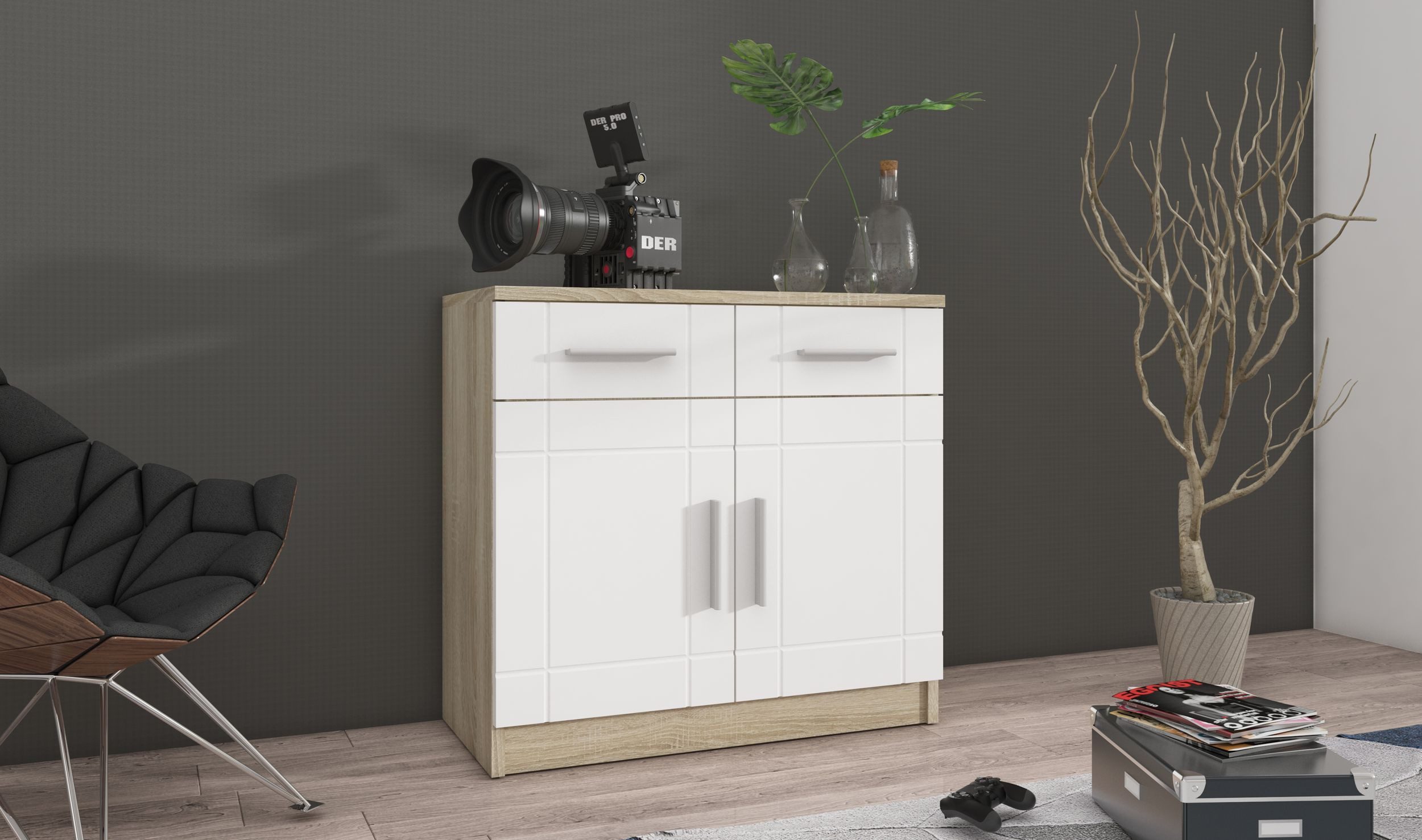 Küchen-Preisbombe Kommode PARIS 2F-2S Wohnwand Wohnzimmer Anbauwand Weiss + Sonoma Eiche